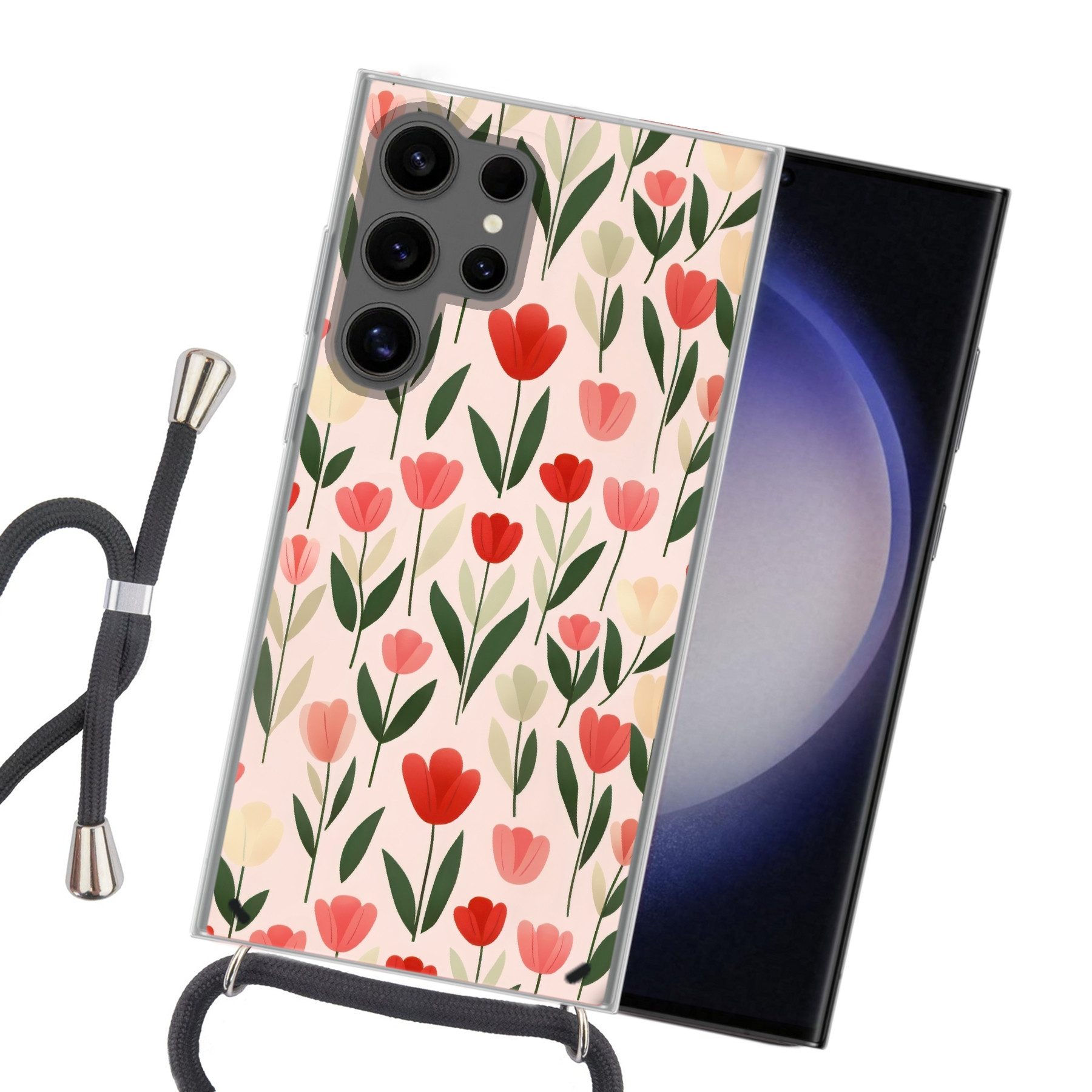 MuchoWow Handyhülle für Samsung Galaxy S24 Ultra Tulpen - Modern - Rosa, Tragbare Handyhüllen mit Kette zum umhängen, Handykette Handyband