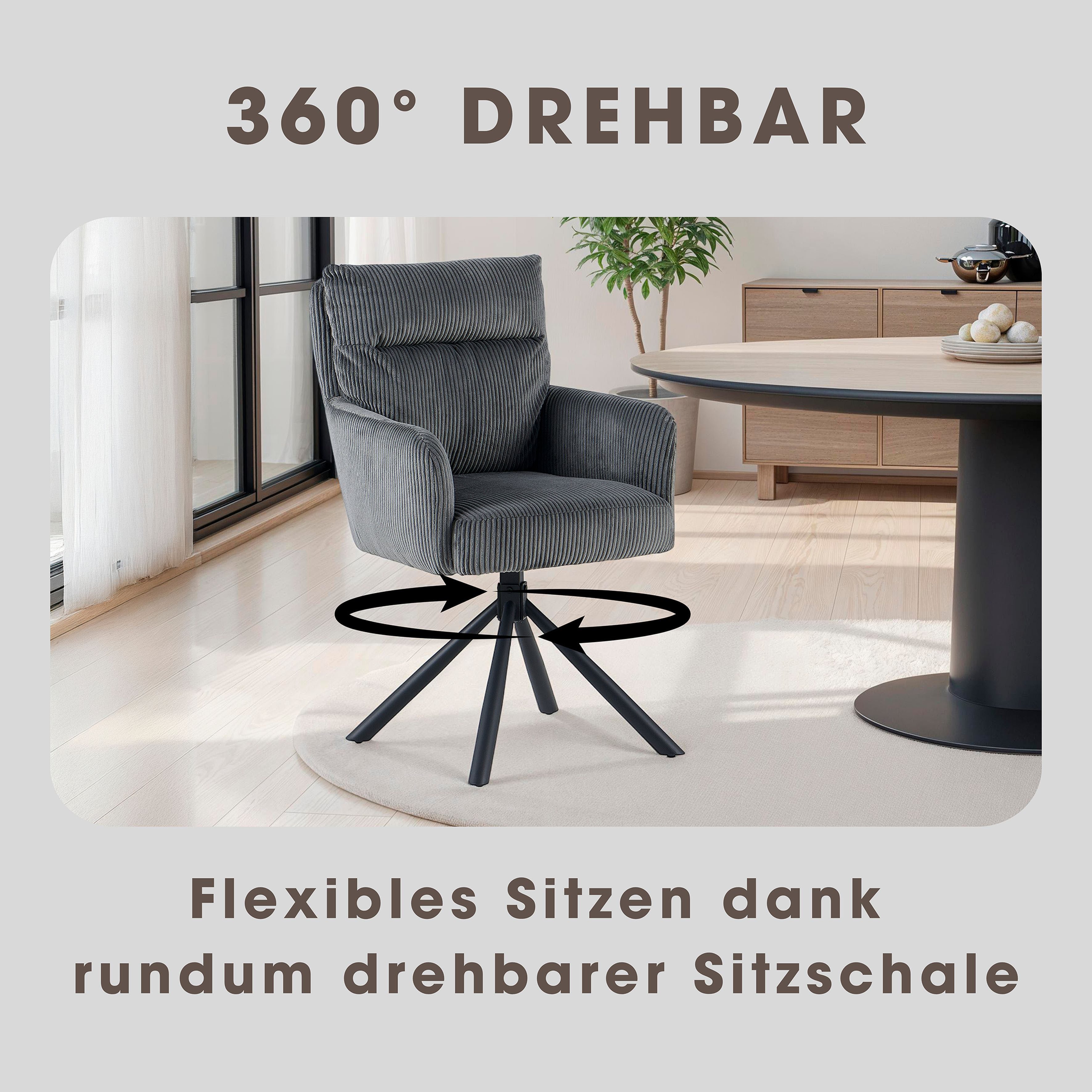 OTTO home Esszimmerstuhl Justin (Set, 2 St), gemütlicher Sessel mit Taschenfederkern, 360 Grad drehbar, Grob - Cord