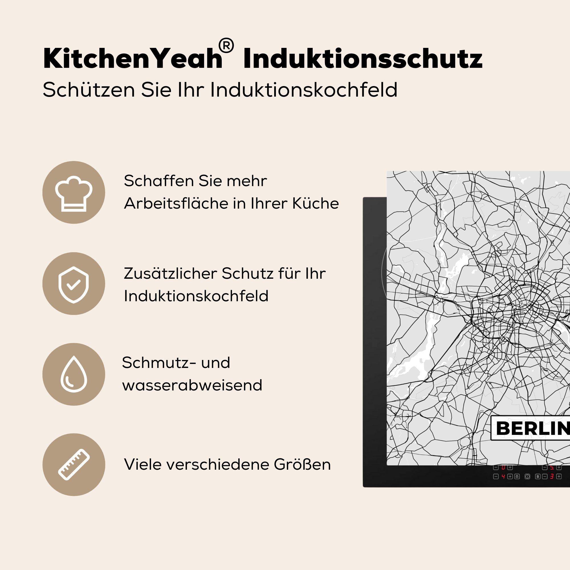 (1 Ceranfeldabdeckung, - Herdblende-/Abdeckplatte Karte Stadtplan, 78x78 Vinyl, - Berlin Deutschland - küche für tlg), MuchoWow cm, Arbeitsplatte