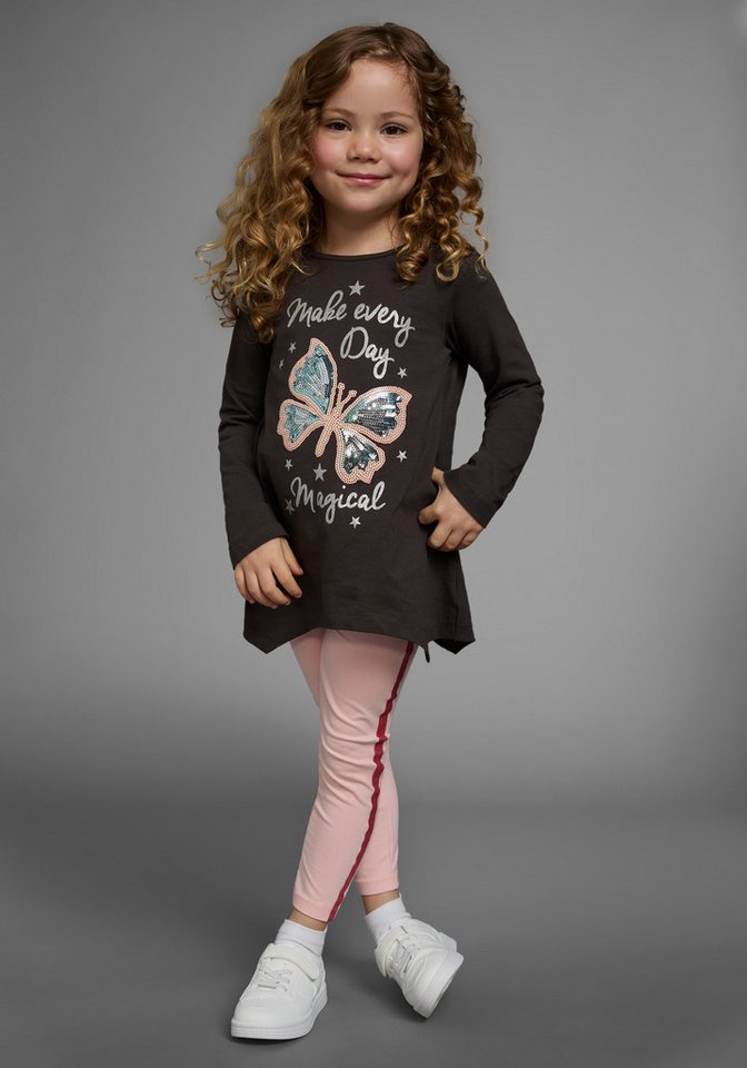 KIDSWORLD Langarmshirt & Leggings 2tlg. Set Shirt + Leggings mit Glitzerdetails (Set, 2-tlg., 2) niedlicher Schmetterling für kleine Mädchen