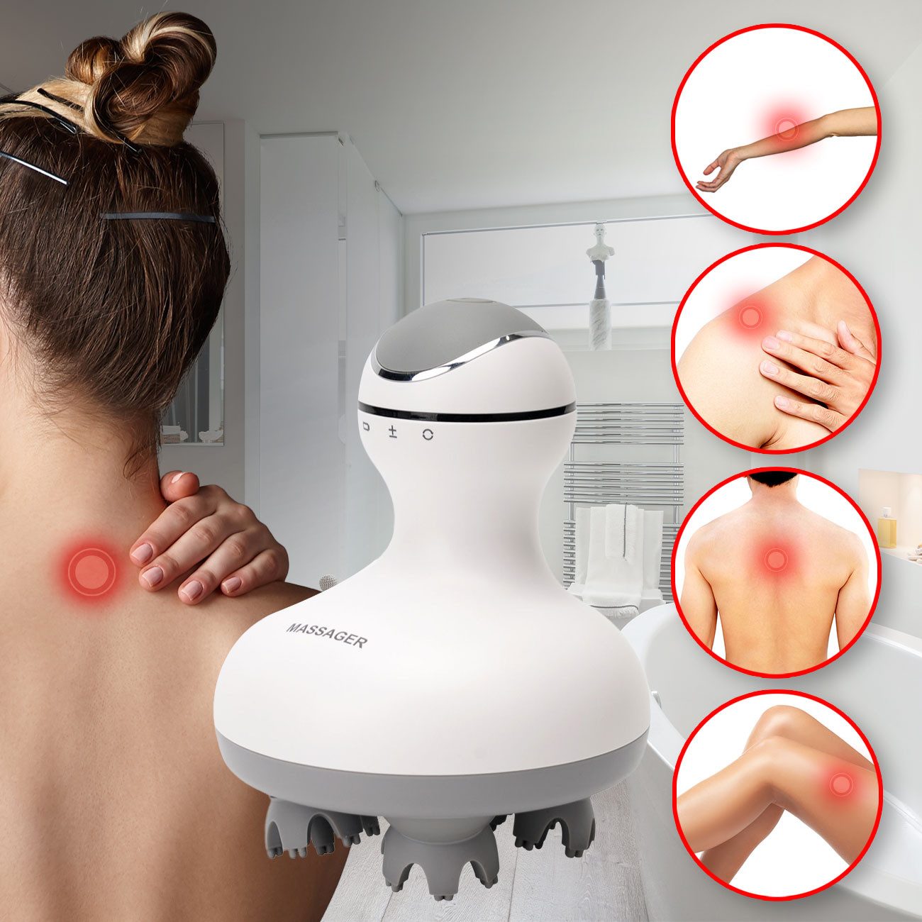 Casativo Massagegerät Kopf- & Körper-Massagegerät 4 Massageköpfe Mobil Akku ölbeständig IPX7, bis zu 2,5 Std. Laufzeit/3D- Ganzkörpermassagegerät 4 Silikon-Köpfe