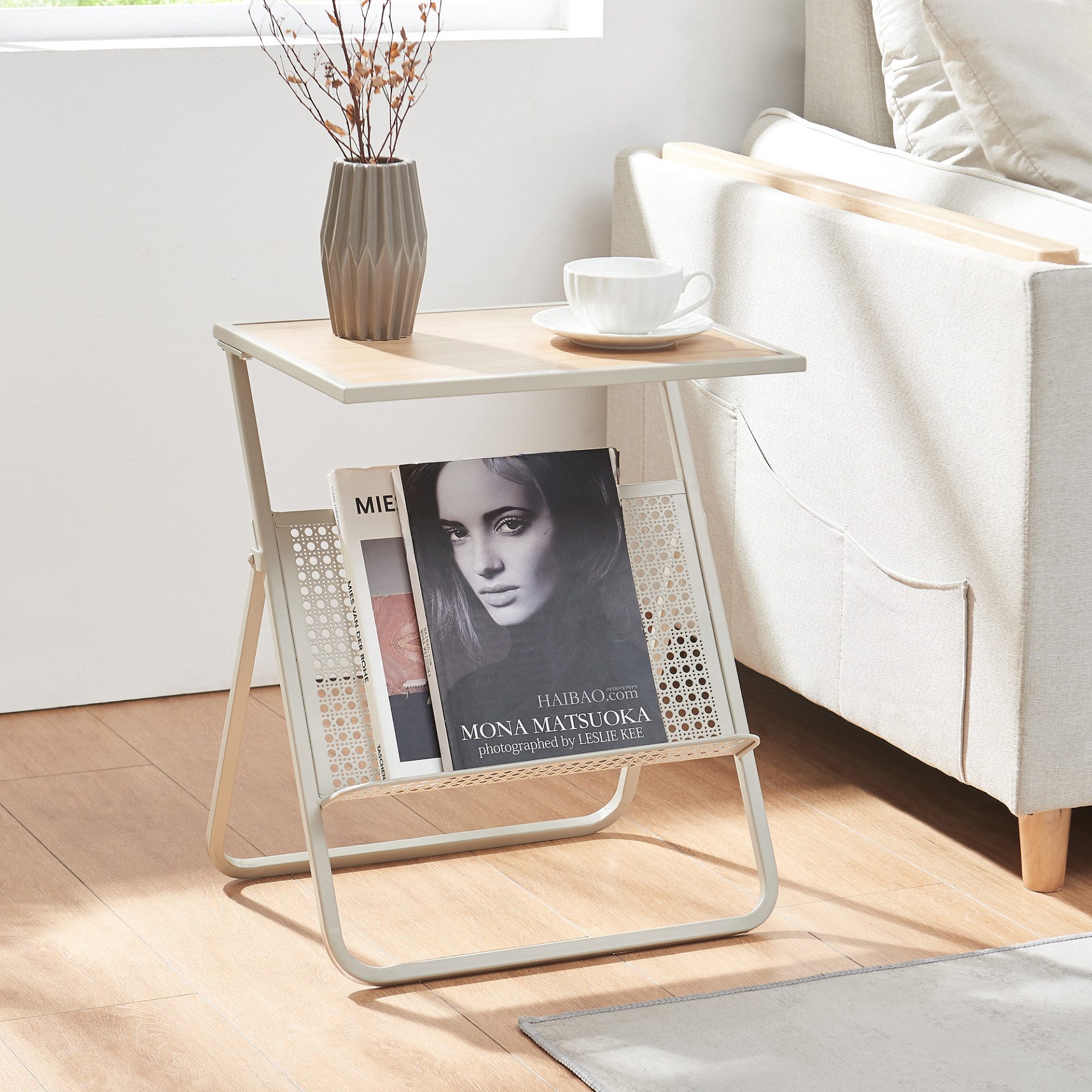en.casa Beistelltisch, »Jäller« Metall 48 x 40 x 30 cm Beige / Eicheoptik