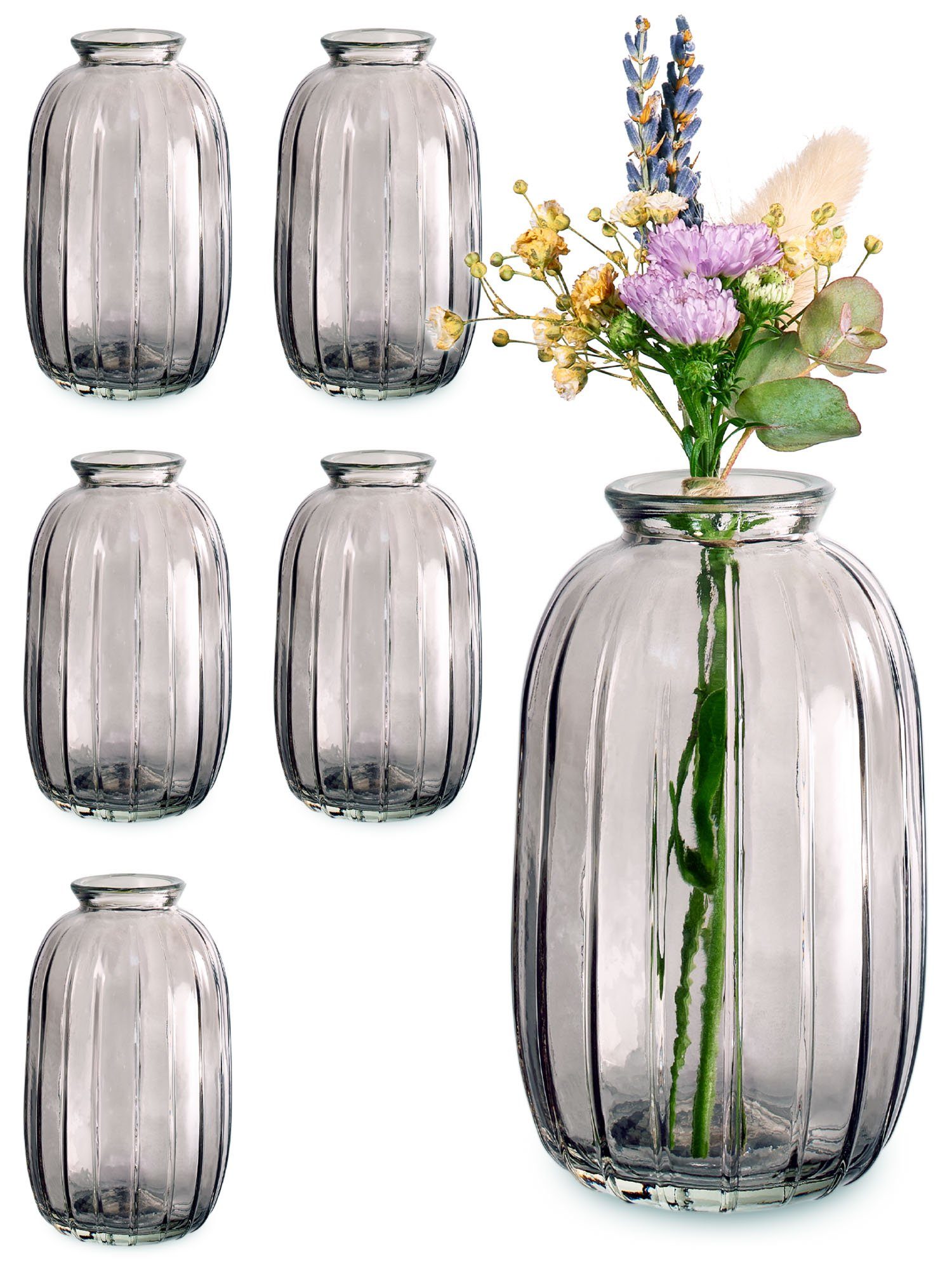 Praknu Tischvase Kleine Glasvasen - 6er Set - Vintage Stil - Runde & Stabile – Runde & (Set, 6 St), Spülmaschinenfest - Kleine Glasvasen für Hochzeit Tischdeko - Grau