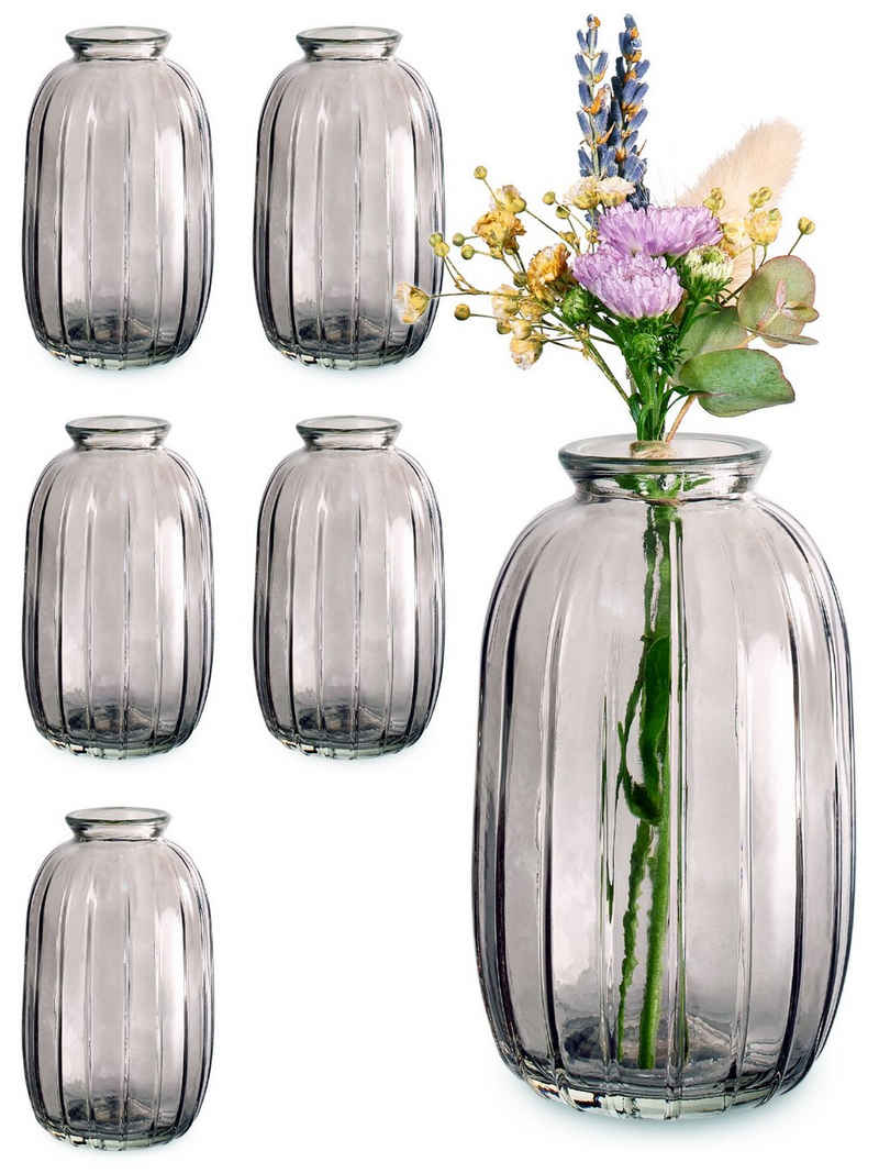 Praknu Tischvase 6 Vintage Glas Minivasen - Runde & Stabile Blumenvasen (Set, 6 St), Spülmaschinenfest - Kleine Glasvasen für Hochzeit Tischdeko - Grau