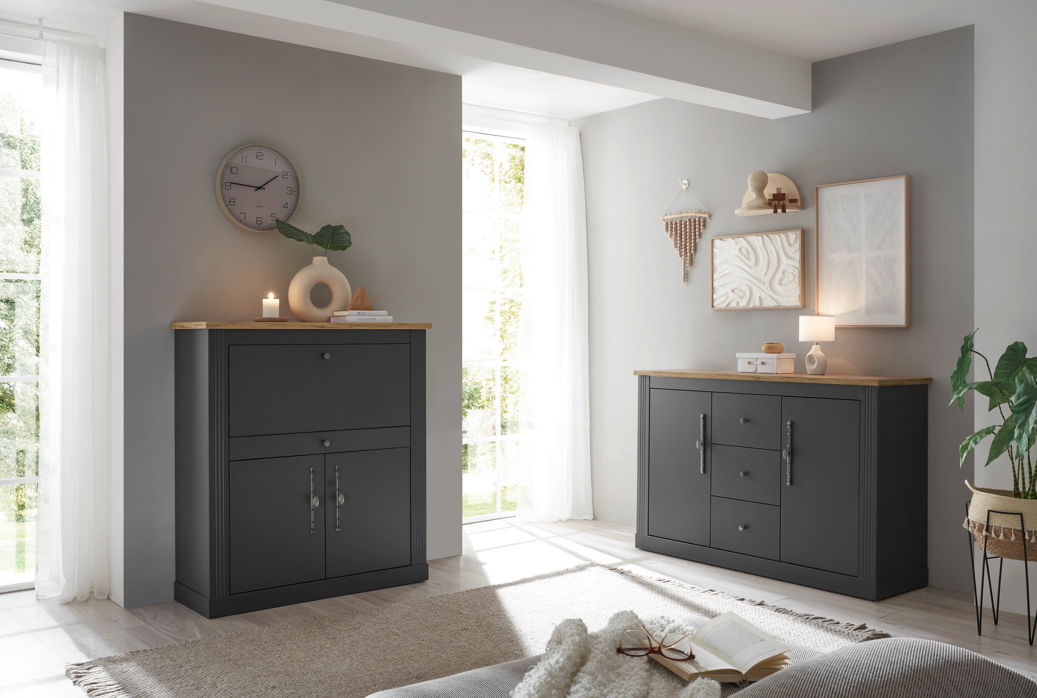 OTTO home Büromöbel-Set Westminster, wohnliches Home-Office, Büro in zwei Farben verfügbar, (Set, 2-tlg), enthält Sekretär und Sideboard im Landhausstil, mit Kabelkanal
