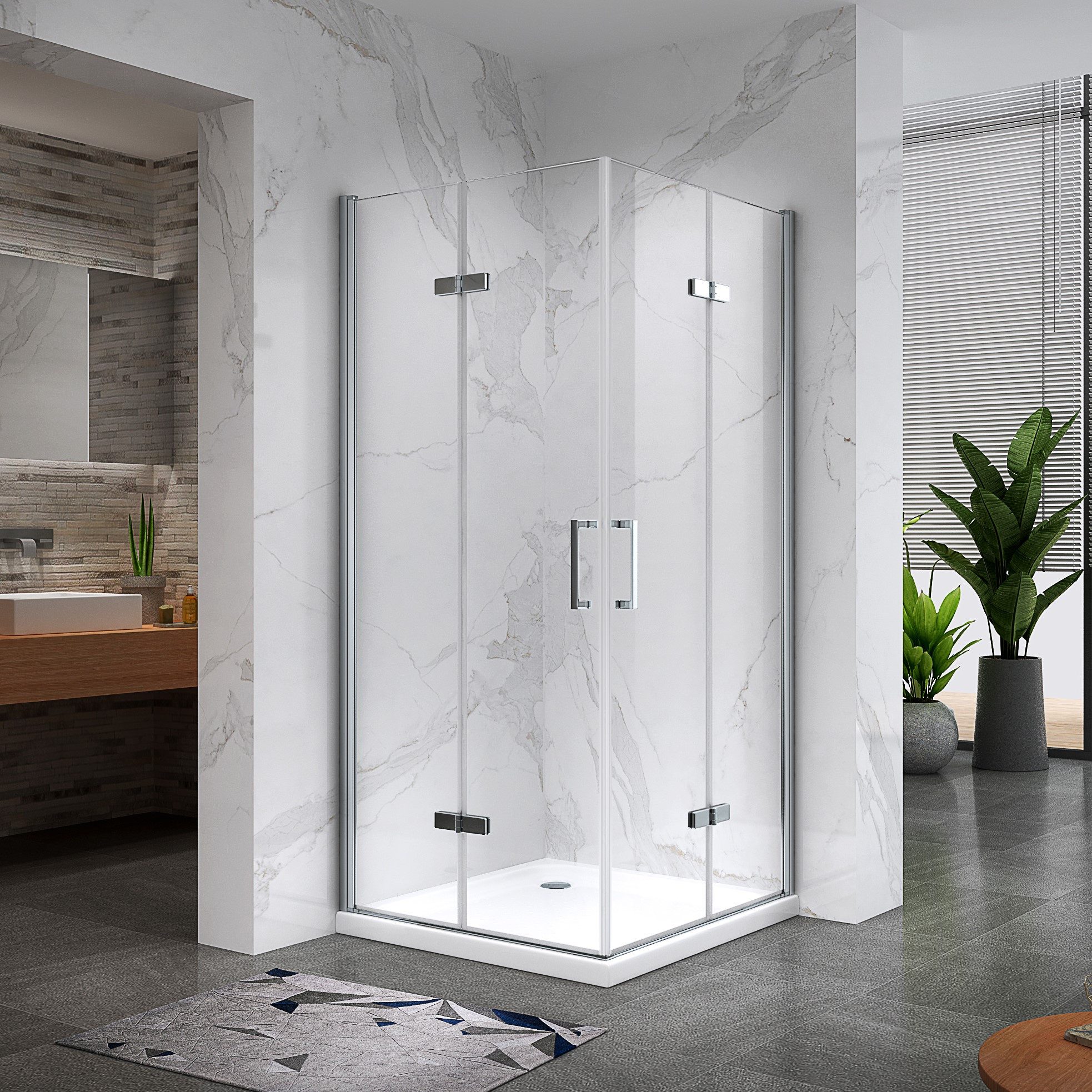 i-flair Eckdusche Falttür Duschkabine MATILDE aus durchsichtigem 6 mm Sicherheitsglas, BxT: 70x70 cm, Einscheibensicherheitsglas, ohne Duschtasse, mit hochwertigen Aluminiumprofilen in silber, ebenerdiger Einbau möglich, mit Falttüren