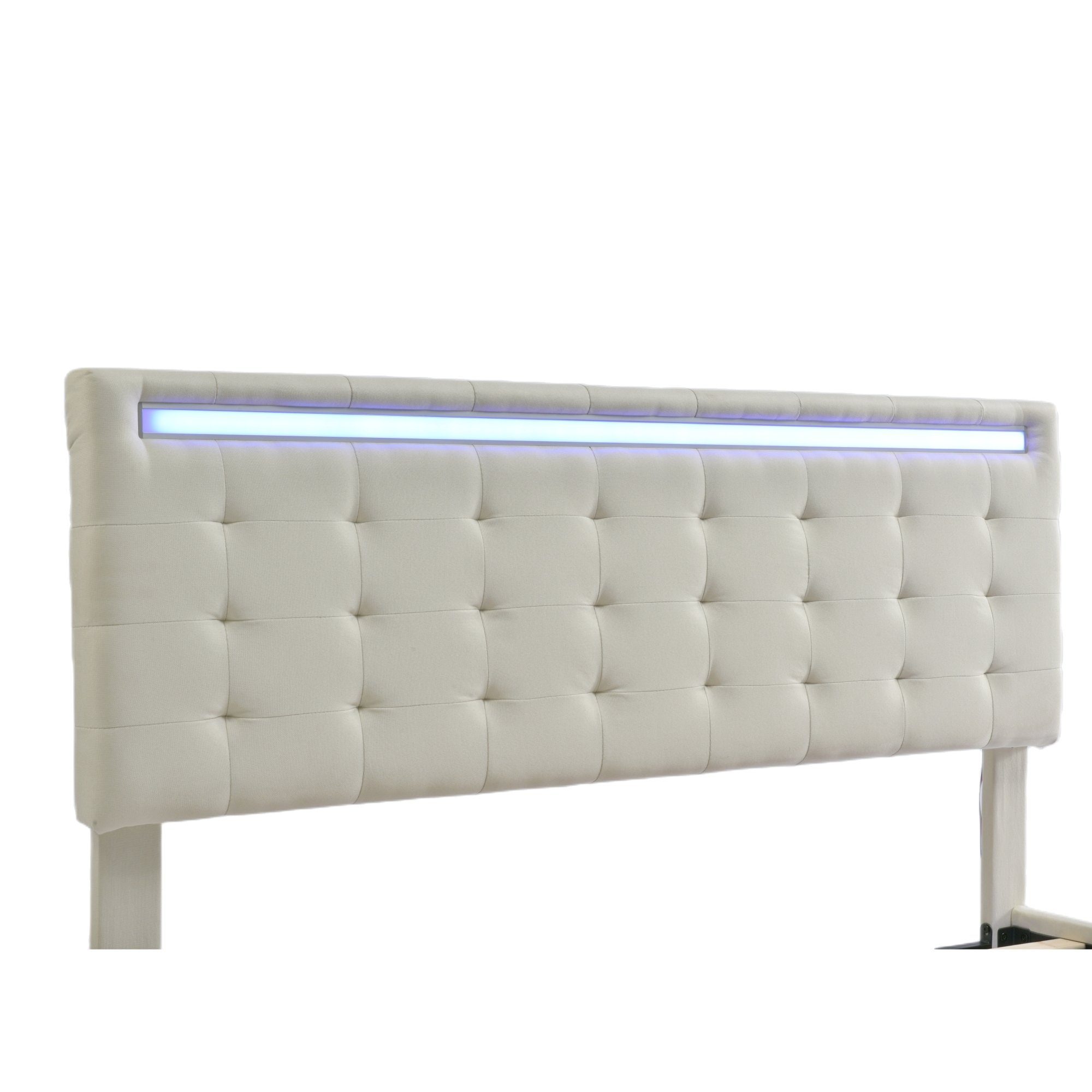 Polsterbett (LED Doppelbett), mit USB Ladefunktion und höhenverstellbarem Kopfteil 140x200cm, Leinen