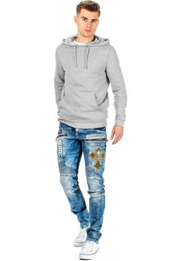 Cipo & Baxx Bikerjeans Herren Hose BA-CD293 W33/L34 (1-tlg) mit Kreuz Aufnäher und Rippenmuster