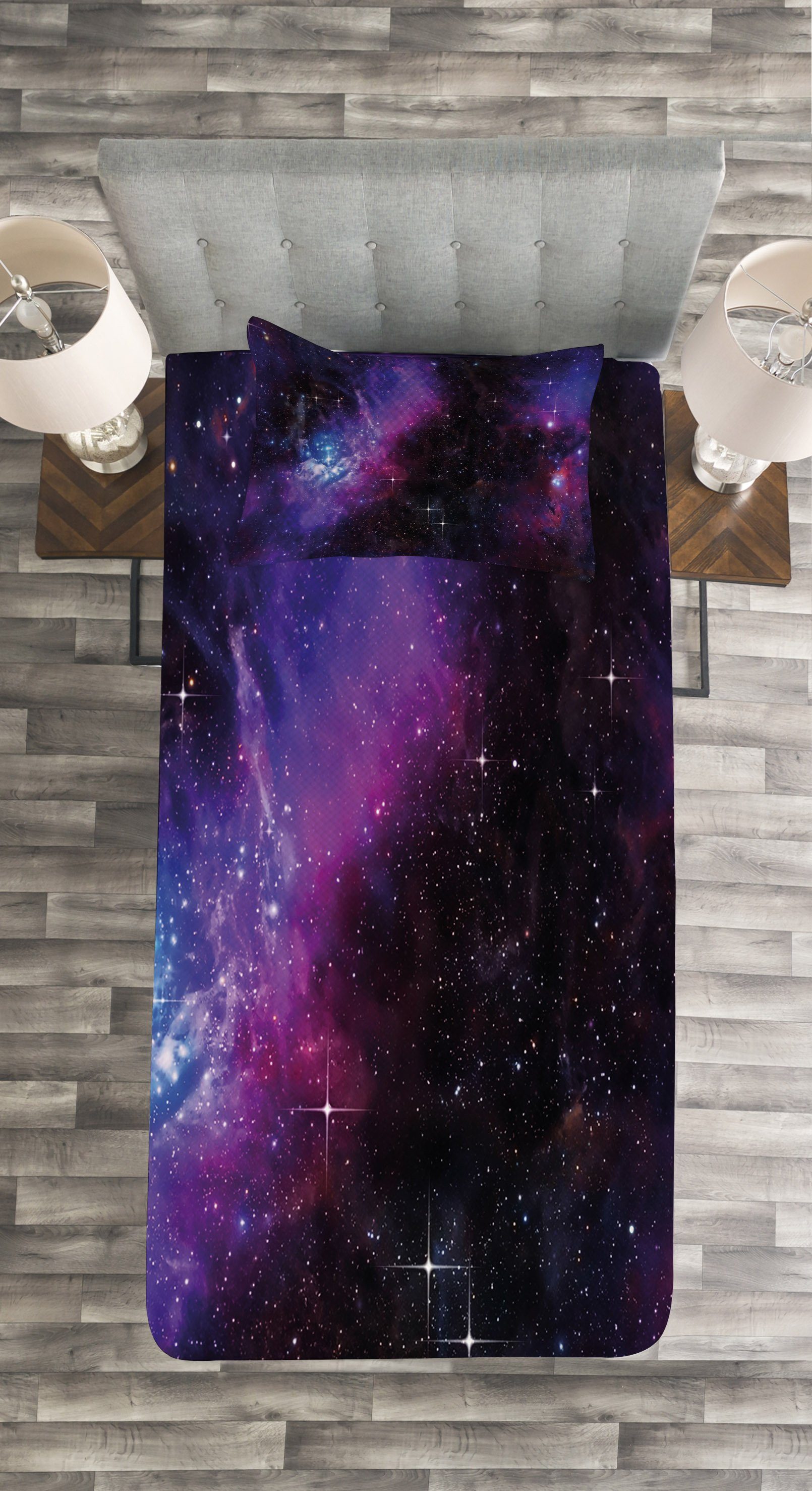 Tagesdecke Set mit Dunkle Weltraum Galaxie Kissenbezügen Waschbar, Nebula Abakuhaus, Sterne