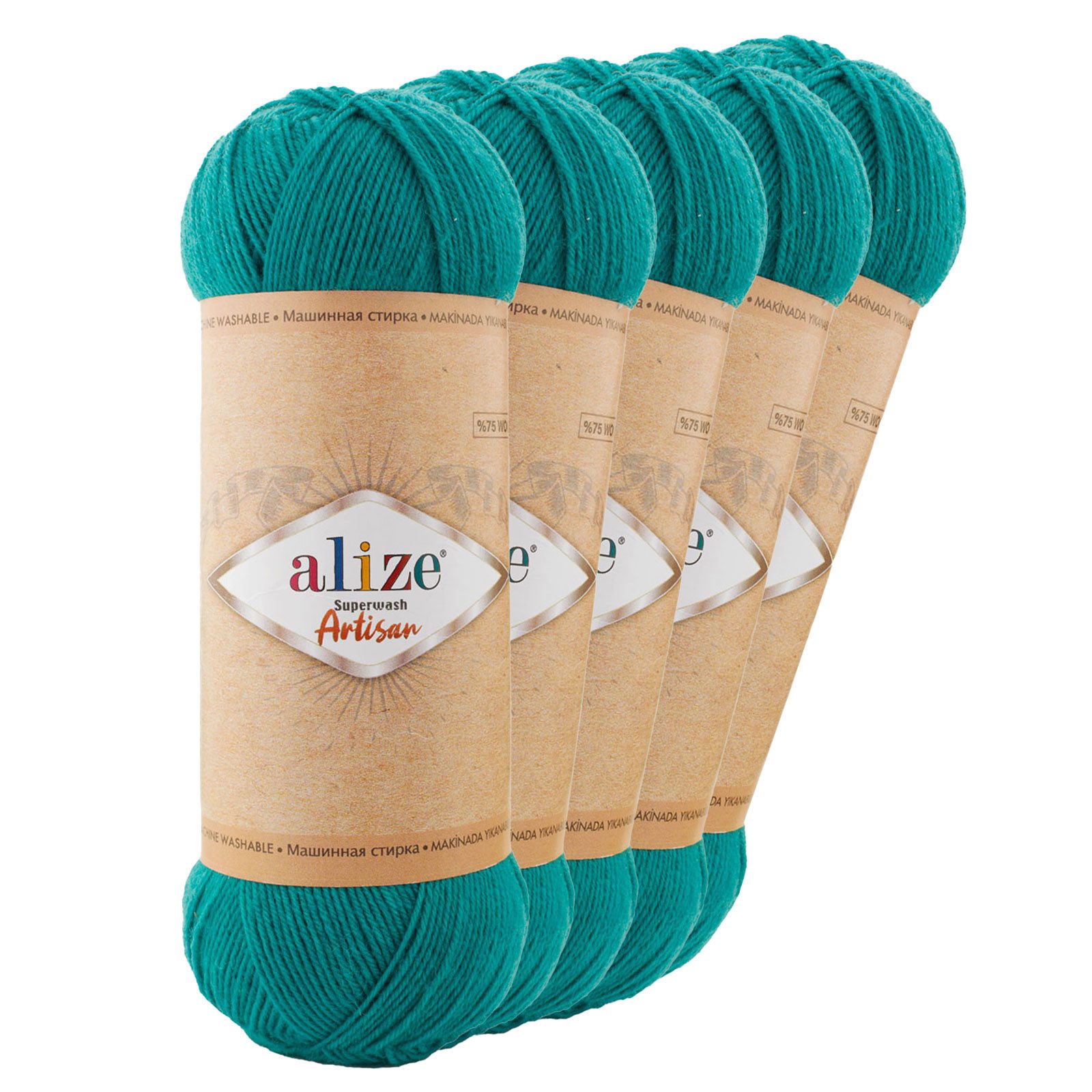 Alize 5 x 100g Sockenwolle Alize Superwash Artisan Strickwolle Häkelgarn Häkelwolle, 2100 m (Sparpaket, 5-St), 507 türkisgrün