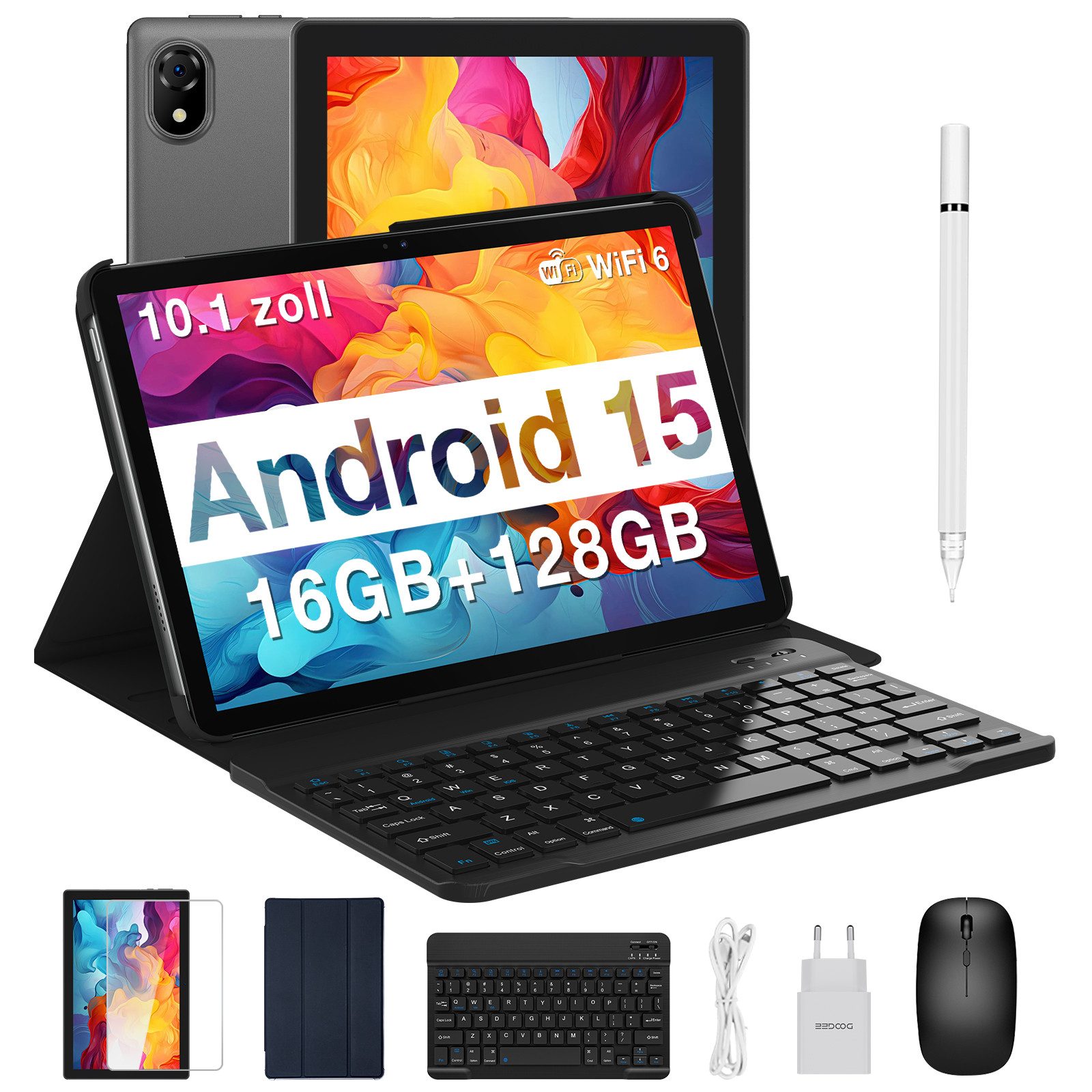 U10 Kinder Tablets mit Stift, Tastatur, Maus, Hülle, Android 15 Tablet