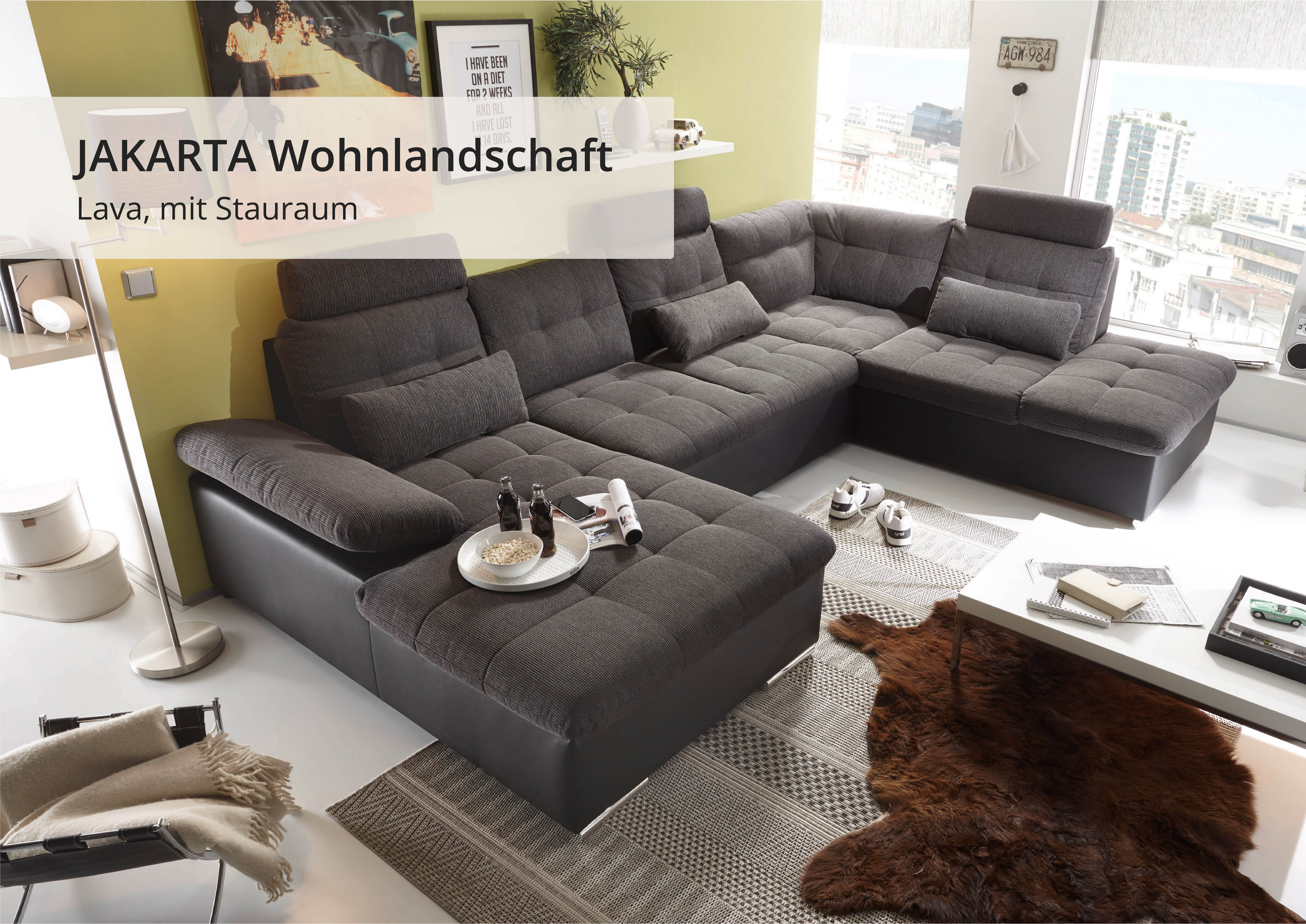 ED EXCITING DESIGN Wohnlandschaft Jakarta U-Form mit Bettfunktion, Bettkasten, Armteilverstellung, Kopfstützen & 3 Nierenkissen