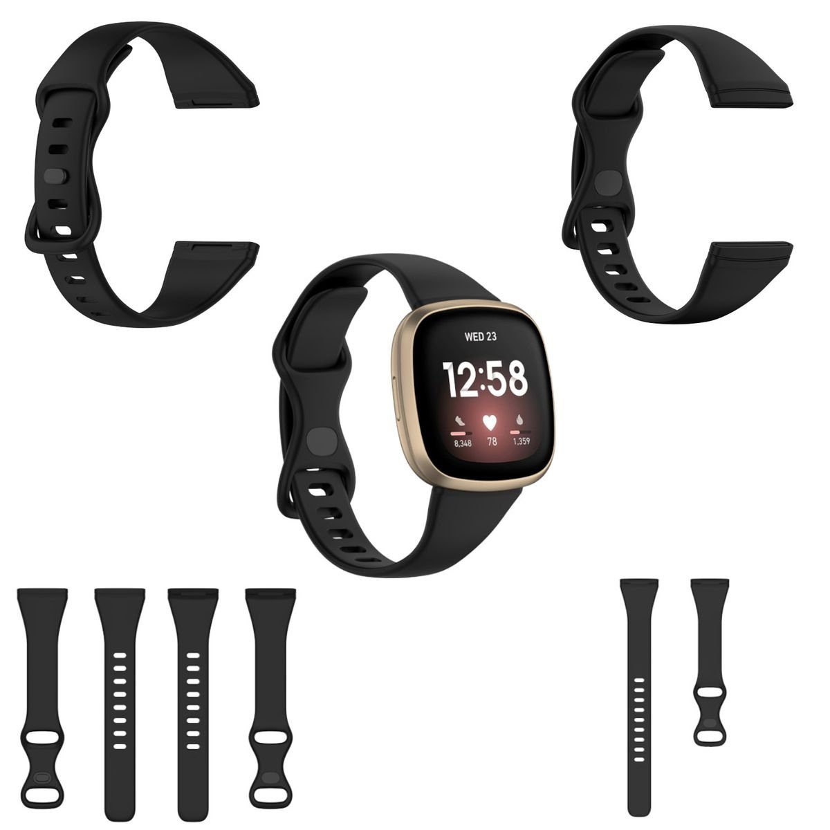 Wigento Smartwatch-Armband Für Fitbit Versa 4 / Versa 3 / Sense Kunststoff  / Silikon Armband für Frauen / Größe S Schwarz Uhr