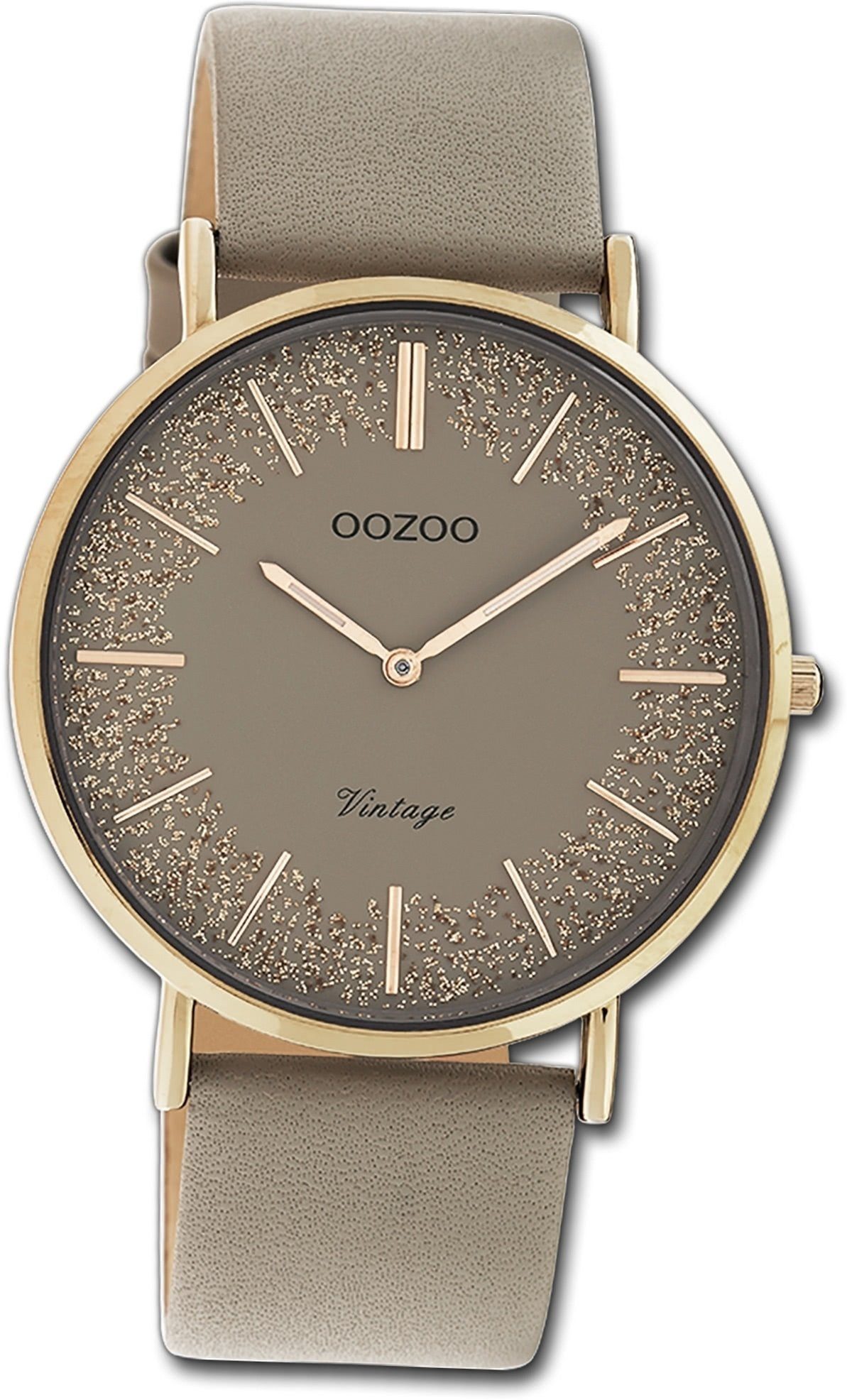 OOZOO Quarzuhr Oozoo Damen Armbanduhr Ultra Slim, Damenuhr Lederarmband braun, rundes Gehäuse, groß (ca. 40mm)