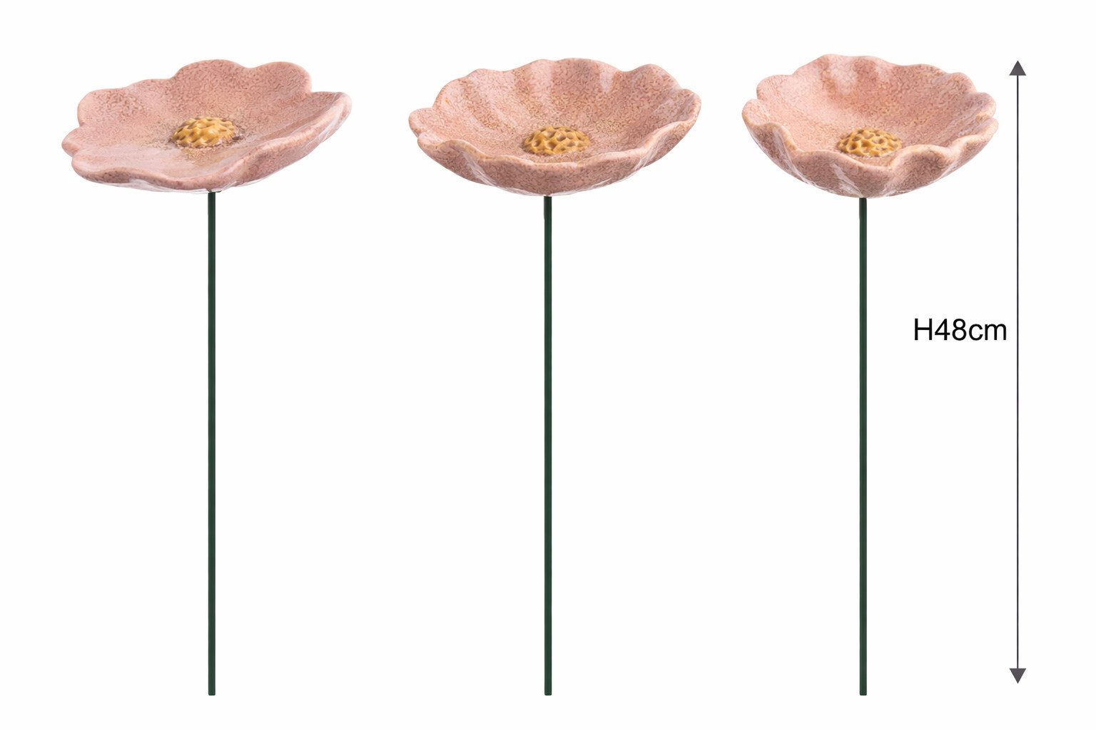 finehomegarden Gartenstecker Blüte Mohnblume Gartenstecker Insektentränke Ø8/8,5/10cm Stab 48cm (Set, 3-St., 3tlg.-Set) Klatschmohn Keramik rosa 3fach sort. Stecker Blütenstecker Garten