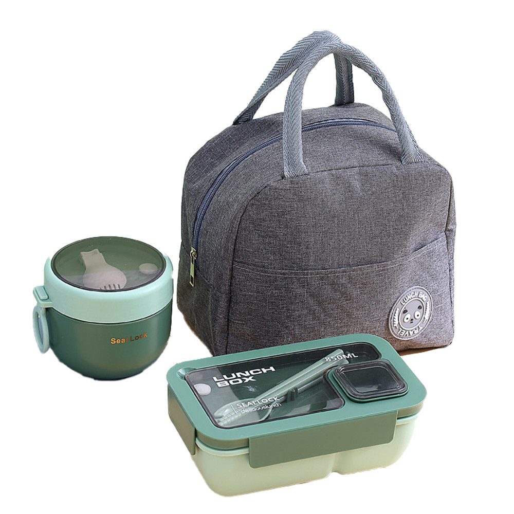 Auledio Lunchbox 1100ml Bento-Box 1100ml Komplettset, Spülmaschinenfest + Isoliertasche, Kunststoff, (Isolierbeutel, Besteck, Suppentasse, Lunchbox mit Fächern), 1100 ml, auslaufsicher, BPA‑frei, kompakt & vielseitig.