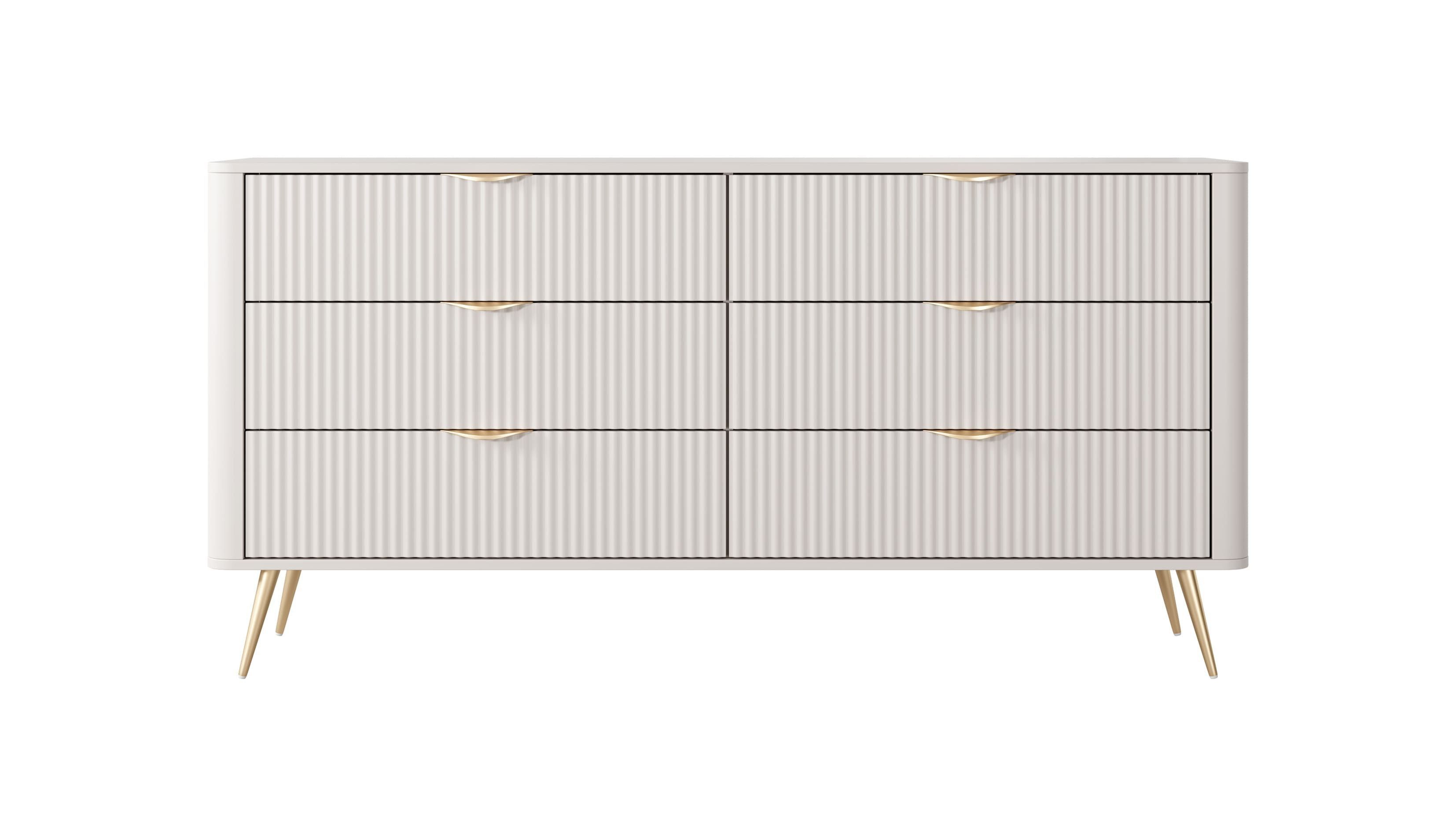 MOEBLO Kommode Pholx B 163 6s (Griffe und Beine aus Metall, geriffelte-Fronten, Sideboard Wohnzimmer Kommode Schlafzimmer Komodenschrank Highboard)