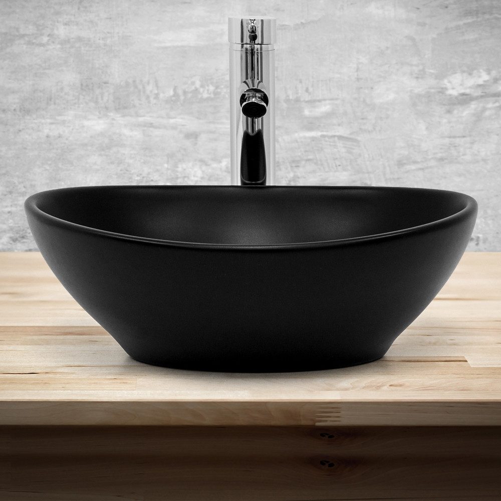 LuxeBath Waschbecken Waschtisch Aufsatzwaschbecken aus Keramik für Badezimmer / Gäste-WC, Aufsatzwaschtisch Handwaschbecken Oval 41x33,5x14,5 cm Schwarz