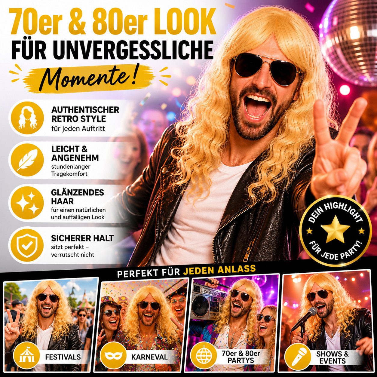 TK Gruppe Kostüm-Perücke Langhaarperücke Perücke Wig – 70er & 80er Jahre – Fasching & Karneval