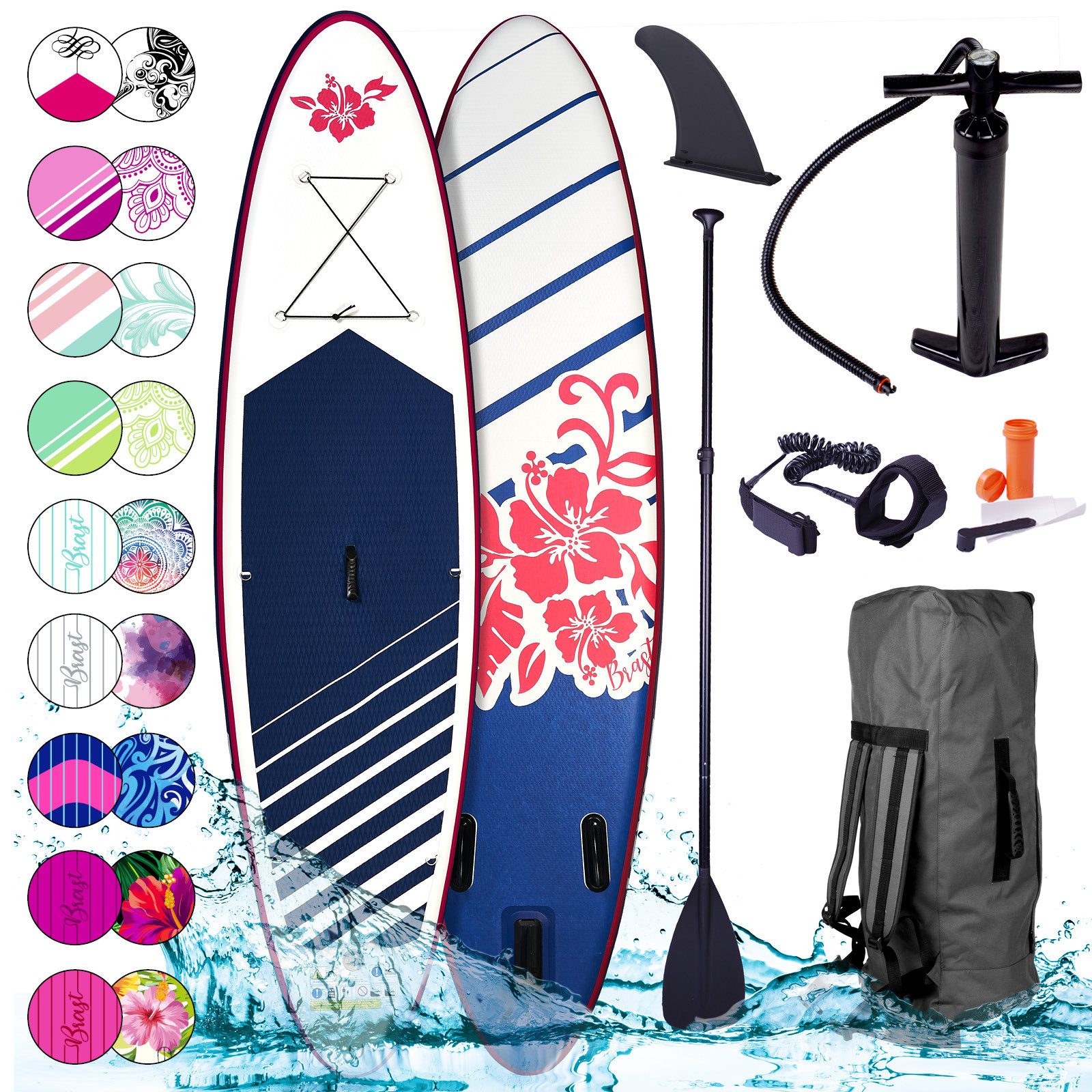 BRAST SUP-Board Aufblasbares Stand up Paddle Set für Frauen viele Modelle, (300x76x15cm), incl. Zubehör, 5 Jahre Garantie, Fußschlaufe Paddel Pumpe Rucksack