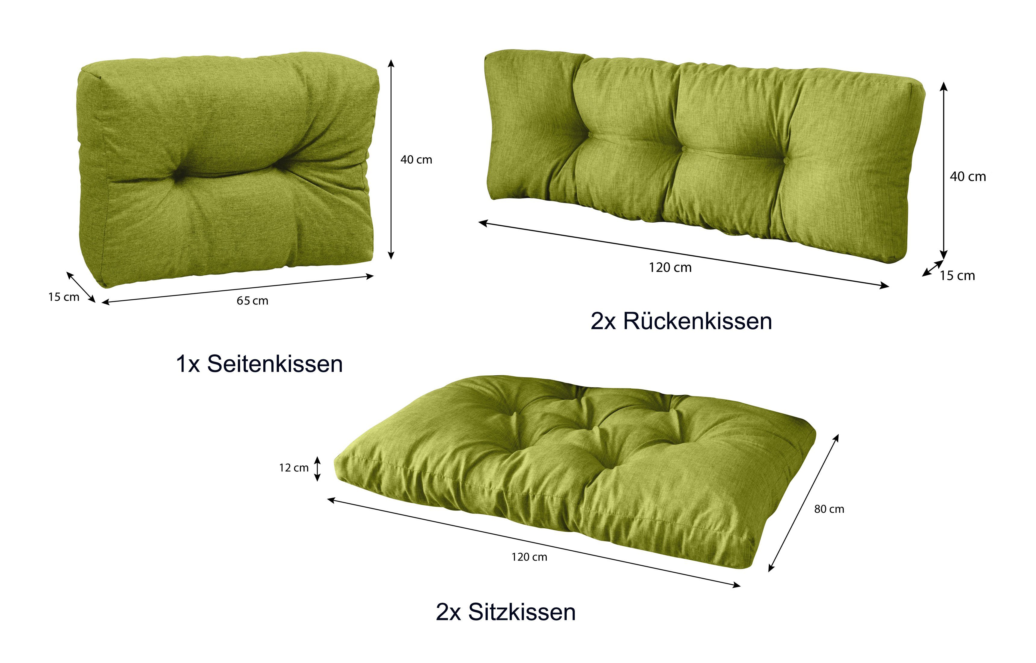 sunnypillow Palettenkissen 5er Grün 2x Sitzkissen x Seitenkissen, polsterauflage 1x 80 palettenmöbel palettencouch Rückenkissen Set: + 2x + 120