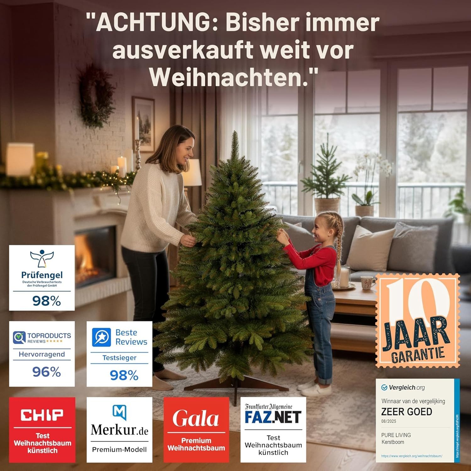 PURE LIVING INTERIOR DESIGN Künstlicher Weihnachtsbaum Nordmanntanne naturgetreu mit Holzständer, erhältlich in 90-250 cm, Nordmanntanne, Elegant, Stilvolle Dek – Bild 2 von 5