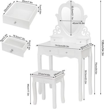 Woltu Schminktisch (1-St), mit Spiegel, Hocker, 4 Schubladen, Weiß