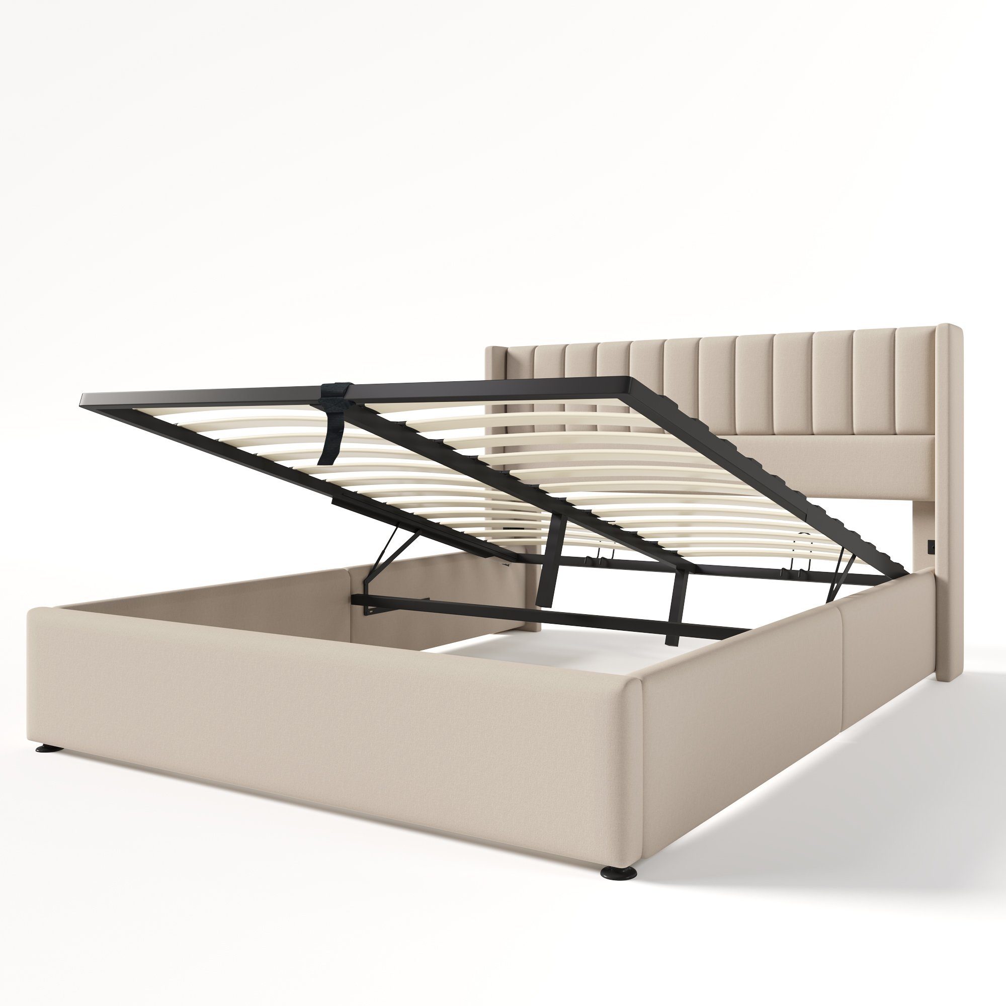 Boxspringbett (Funktionsbett Stauraumbett mit Bettkasten und Lattenrost), Polsterbett Hydraulisches Bett 160x200 cm, Lattenrost aus Holz, Leinen