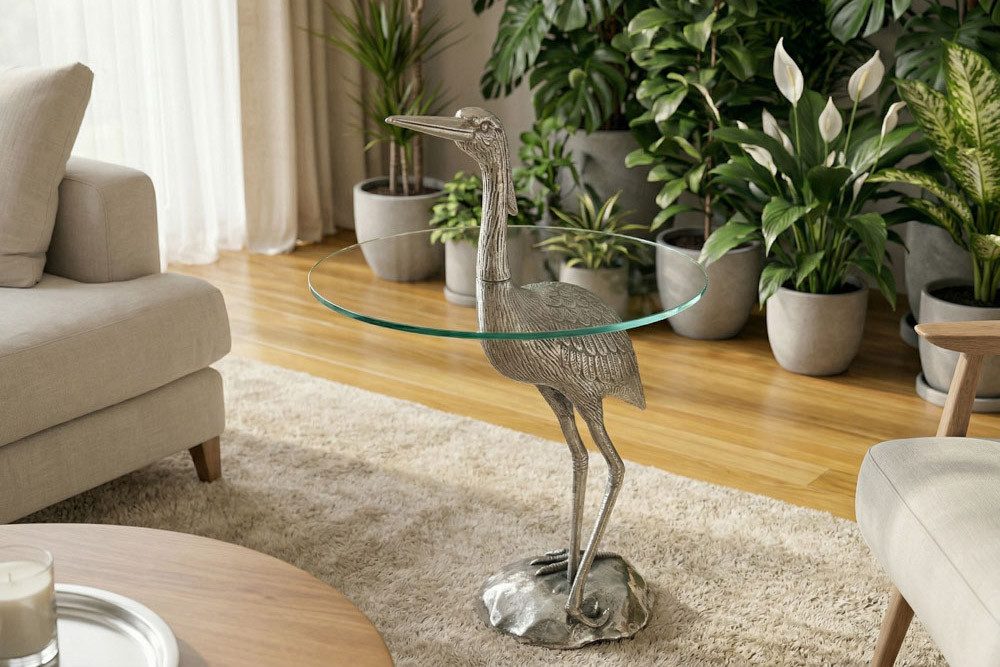 riess-ambiente Beistelltisch WILDLIFE HERON 90cm silber / transparent (Einzelartikel, 1-St), Wohnzimmer · Glas · Metall · rund · Skulptur · Urban Jungle · Design