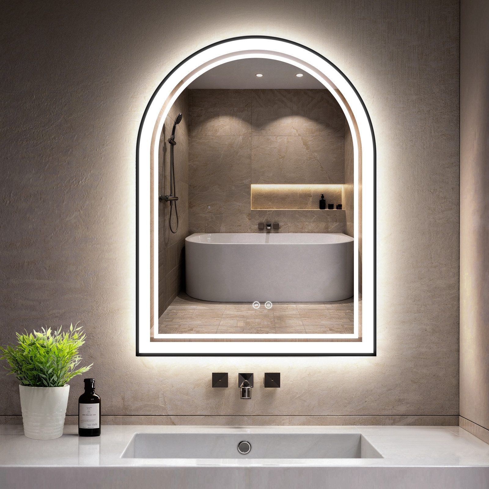 GIMBELEN Badspiegel mit LED-Beleuchtung, Badezimmerspiegel, 3 Lichtfarben, dimmbar (1-St), Gewölbter Badspiegel 80x60 cm, Touch-Schalter