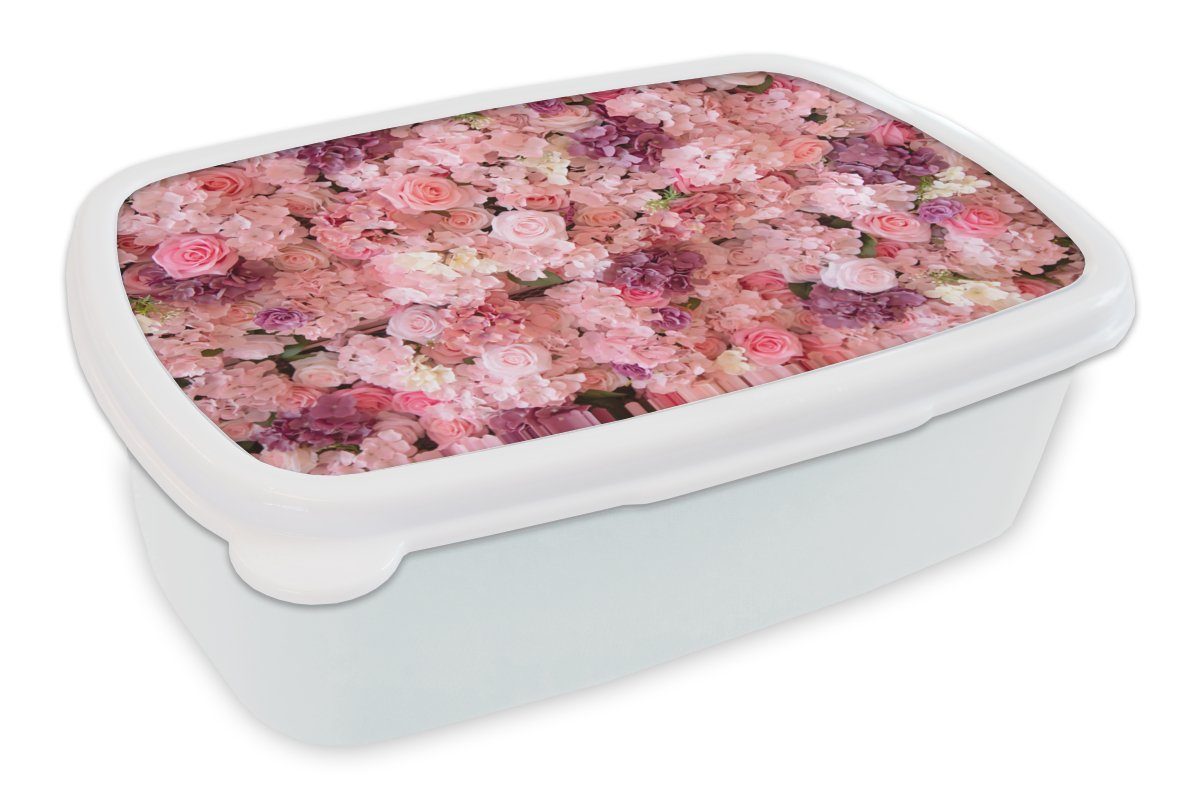 MuchoWow Lunchbox Blumen - Rosa - Rosen, Kunststoff, (2-tlg), Brotbox für Kinder und Erwachsene, Brotdose, für Jungs und Mädchen weiß