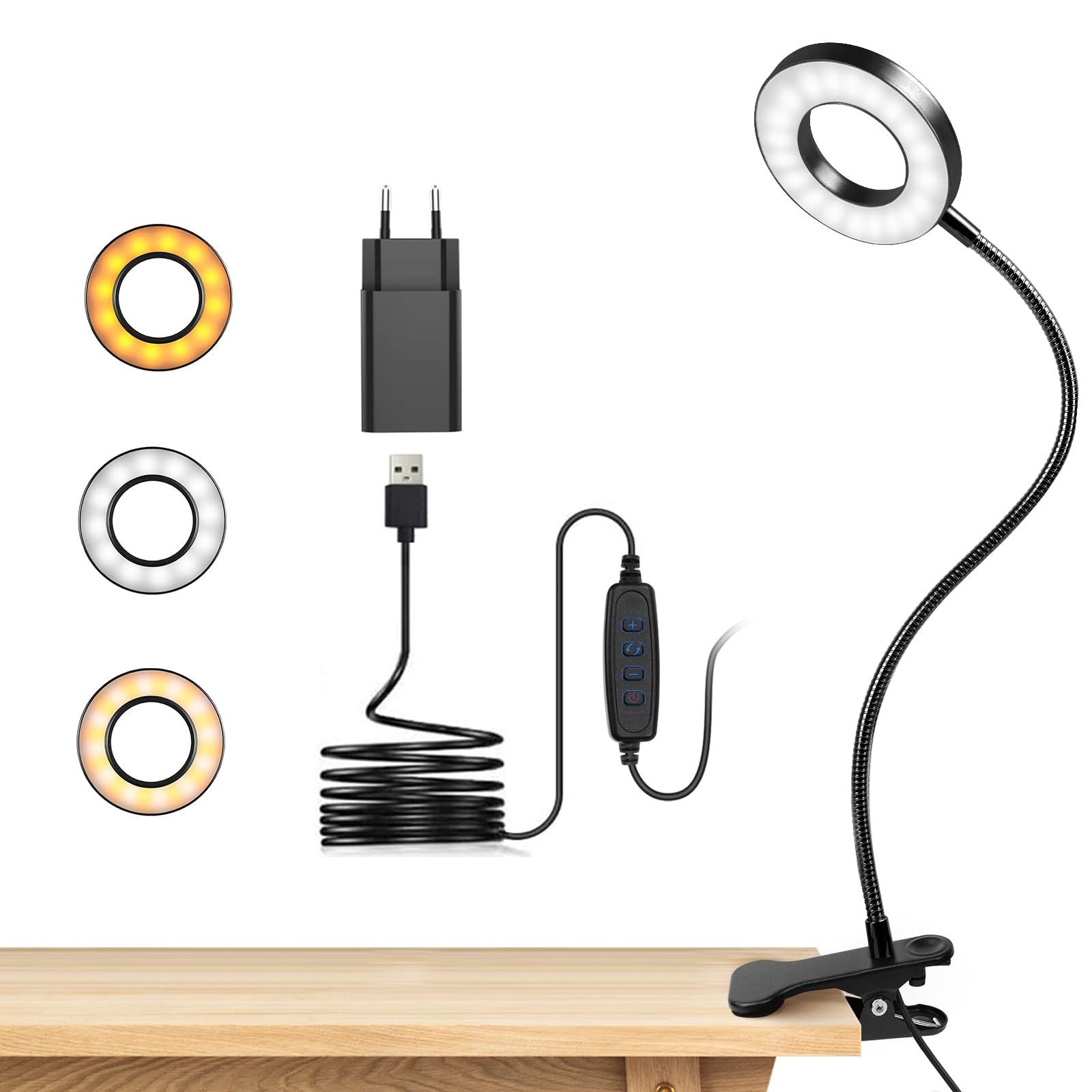 kowdom LED Leselampe LED Leselampe Klemme dimmbar USB, Schwanenhals, 3 Lichtfarben, LED (48 Stück, fest integriert), Warmweiß, Neutralweiß, Kaltweiß