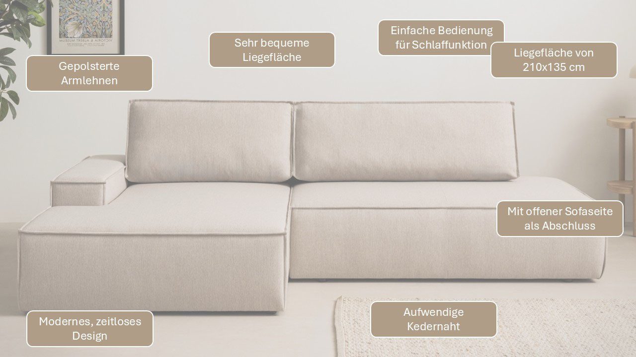 OTTO home Ecksofa SHERWOOD Leinenoptik Schlafsofa in L-Form offen (275cm), Schlaffunktion und Bettkasten, Kedernaht, hoher Sitz- & Liegekomfort – Bild 3 von 5