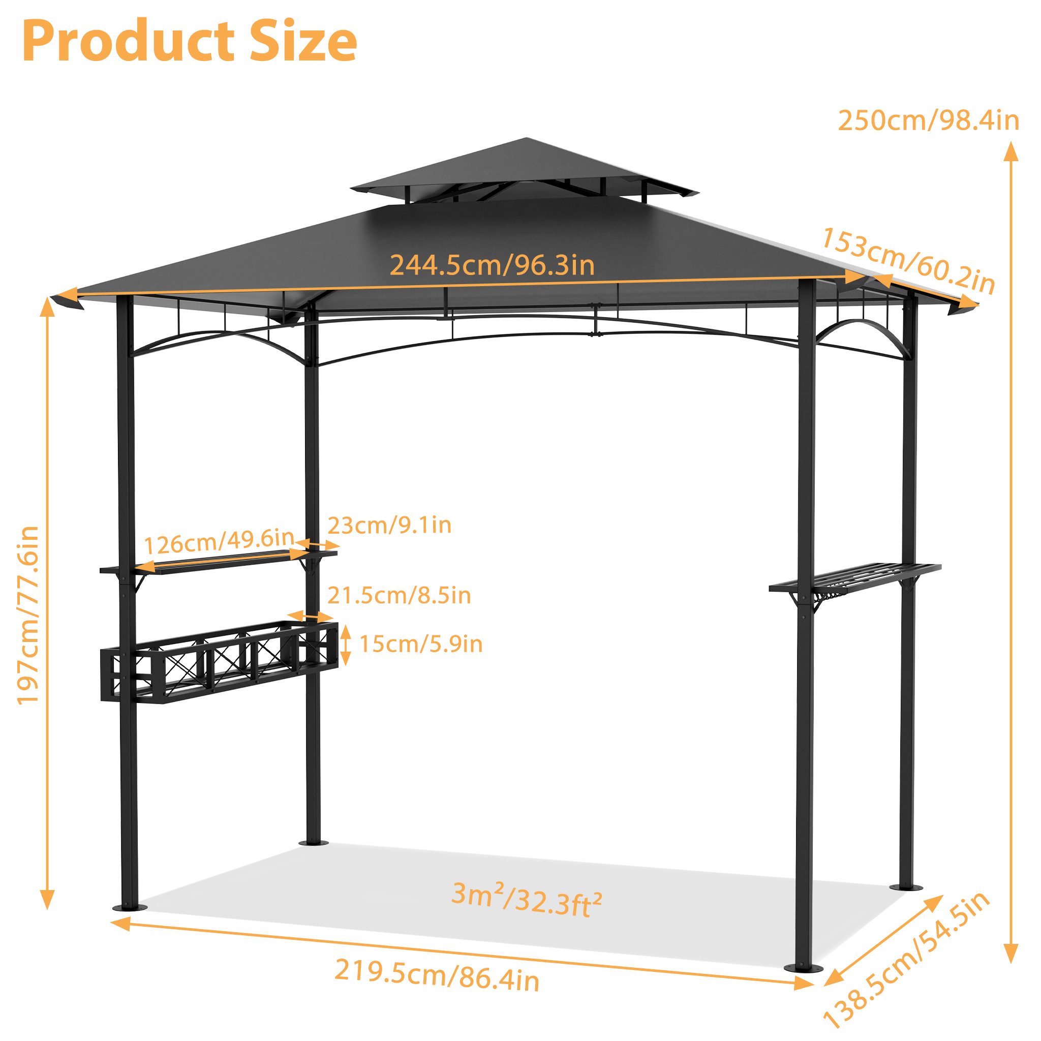 FIVMEN Grillpavillon Grillhaus mit Doppeldach & Ablagen, 2,45 x 1,53 m, Grau