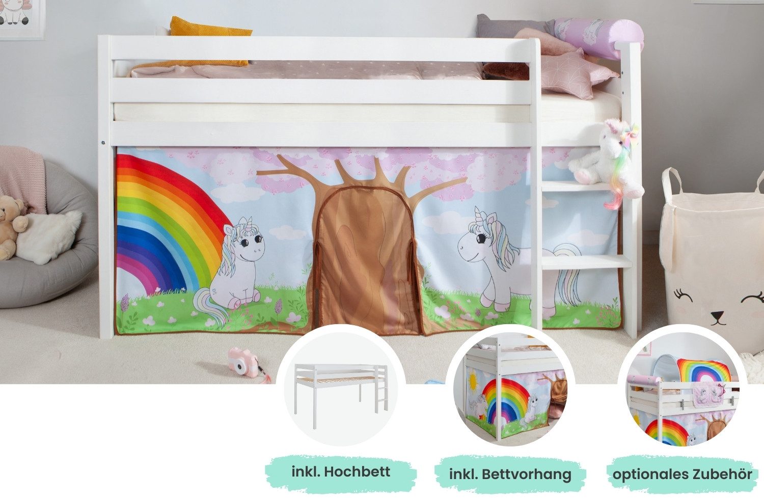 Ticaa Hochbett Hochbett Malte 90x200 inkl. Rollrost