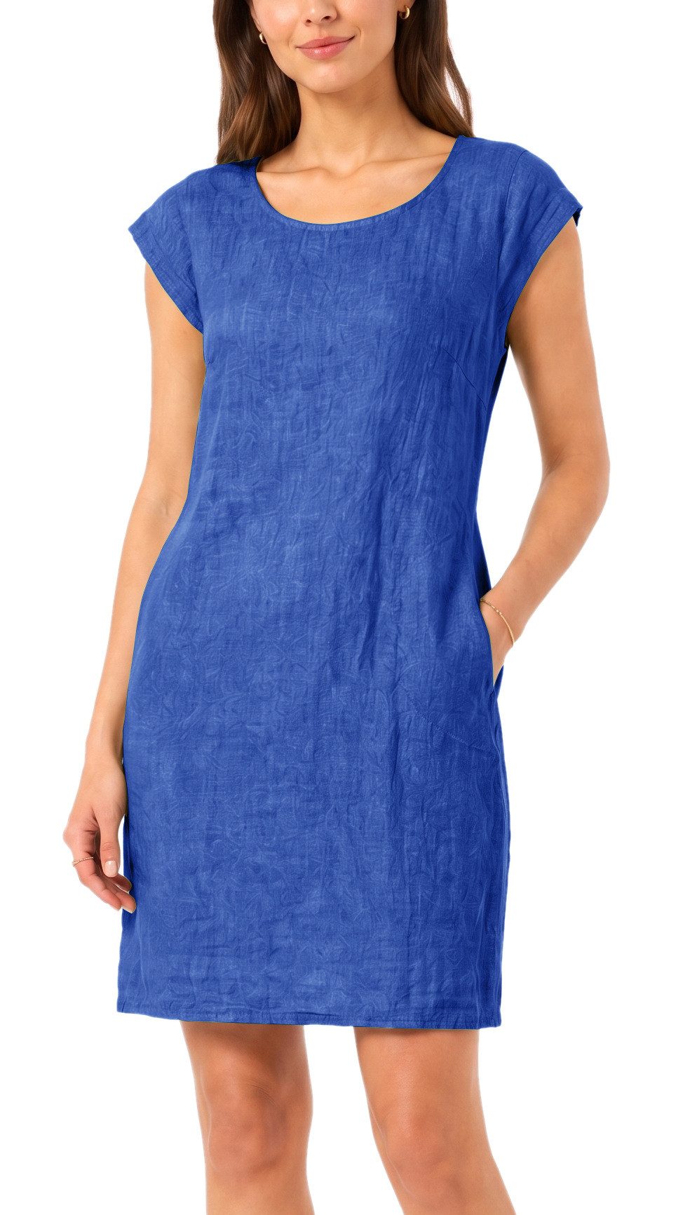 dy_mode Midikleid Einfarbiges Damen Leinenkleid Sommerkleid Kurzarm Midi Kleid in Unifarbe, mit Eingriffstaschen, leicht taillierte Passform