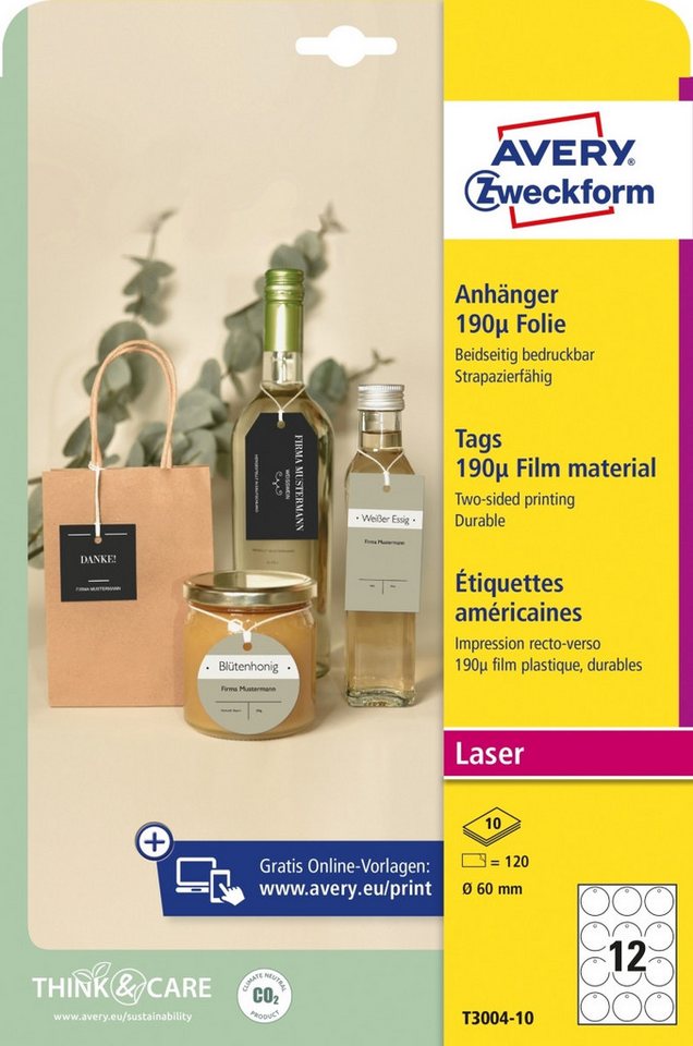 Thumbnail - Avery Zweckform Etiketten Anhänger Folie 60 mm beidseitig beschichtet VE=120 Stück / 10 Bögen