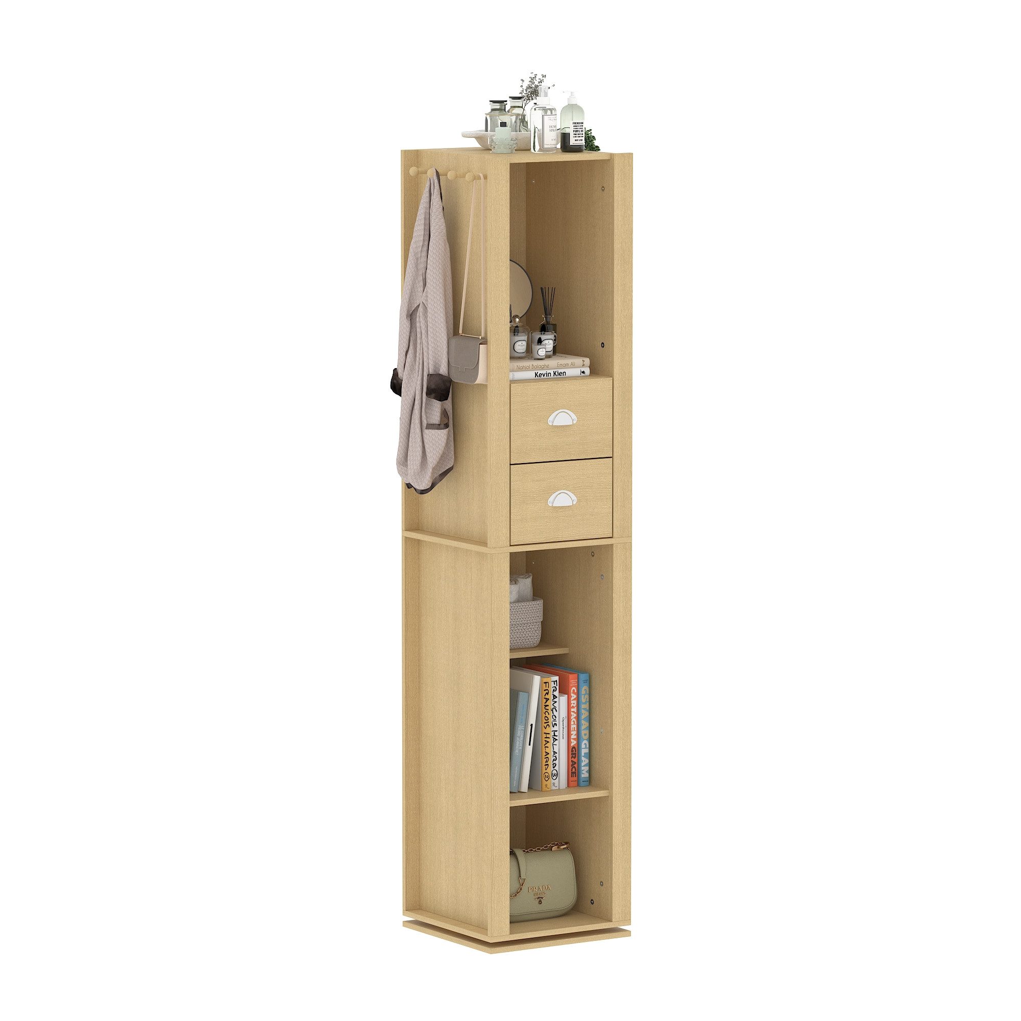 HOMSEE Spiegelschrank Drehbarer Holzschrank mit Schubladen, Naturholz, MDF, 40×35×164,6 cm (1-St)