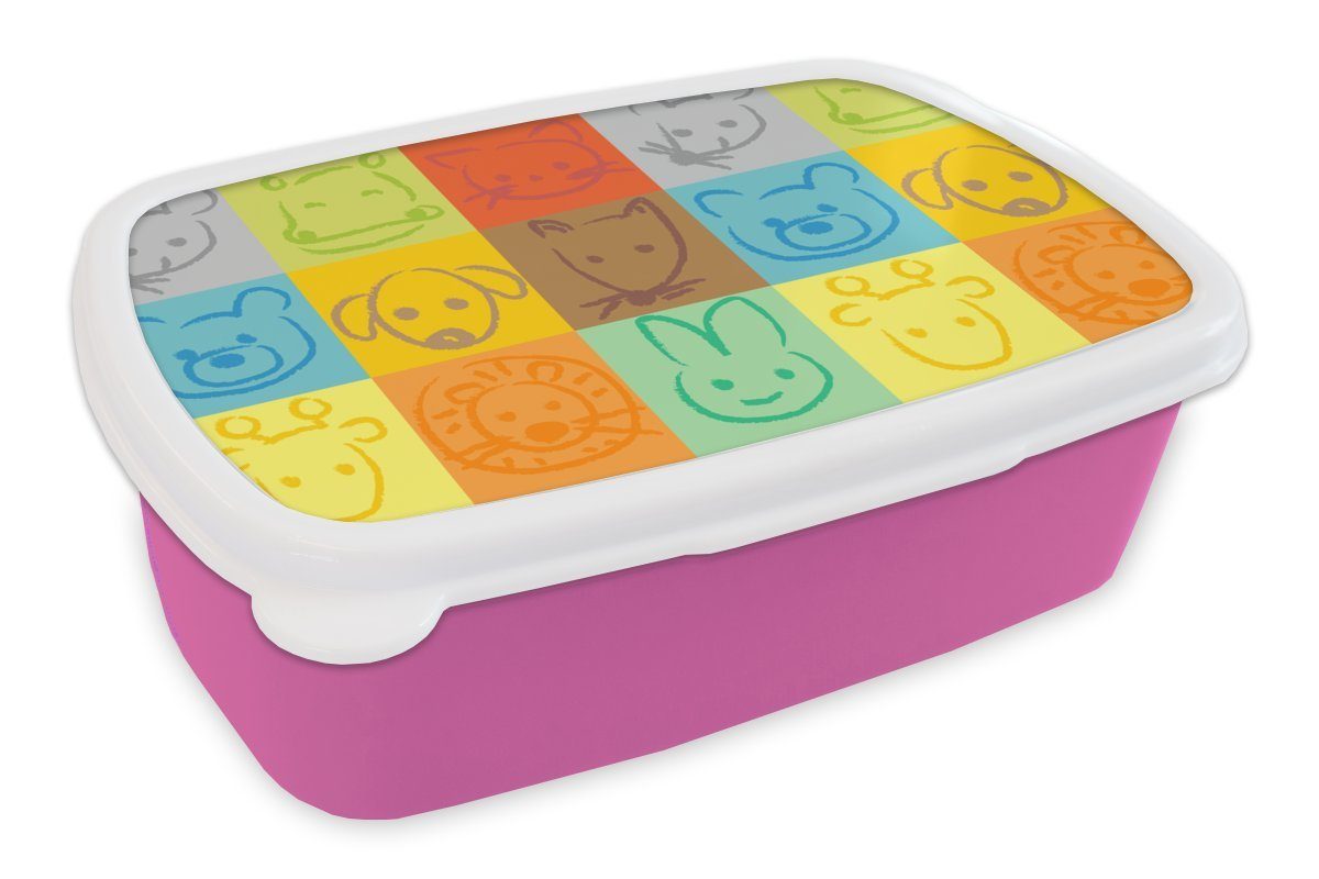 MuchoWow Lunchbox Tiere - Muster - Kinder - Regenbogen, Kunststoff, (2-tlg), Brotbox für Erwachsene, Brotdose Kinder, Snackbox, Mädchen, Kunststoff rosa