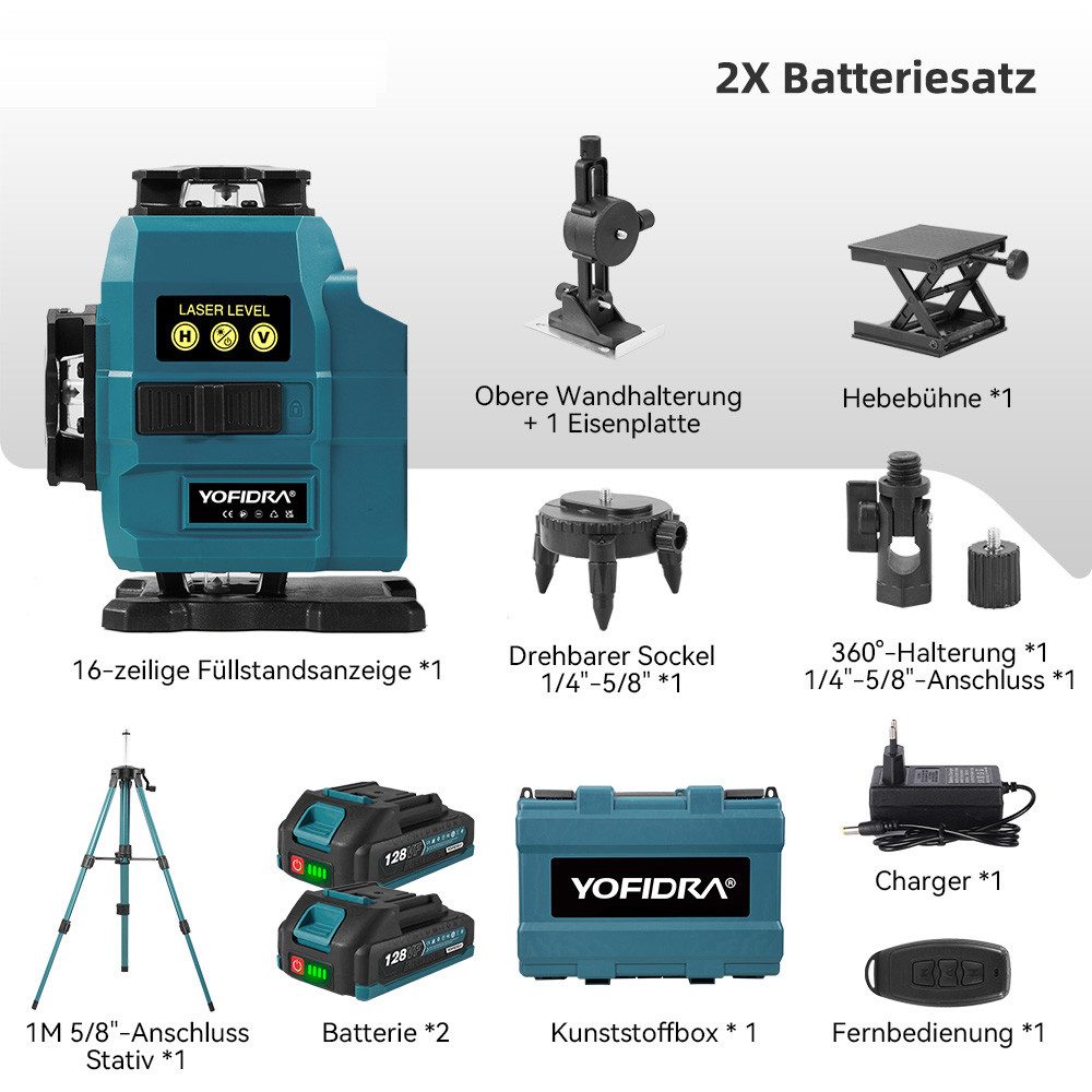 Yofidra Kreuzlinienlaser 16 Linien Laser Level 3° Selbstnivellierend 4 x 360° Laserwasserwaage, mit 2x Akku + Stativ, für Innenbau, Fliesen & Holz