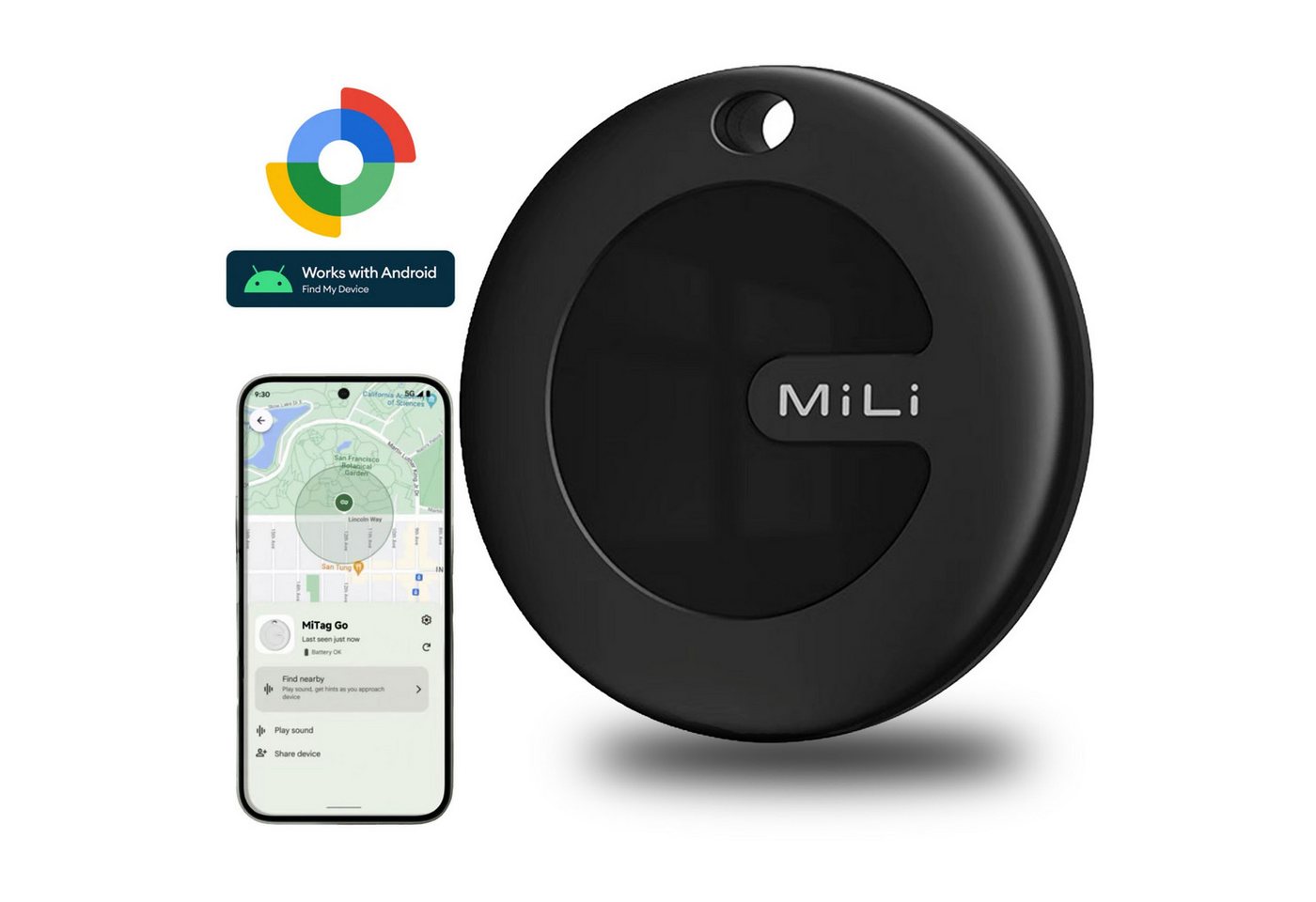 Mili SmartTag Bluetooth Tracker für Android (Google Find My Device), GPS-Tracker (Schlüsselfinder, Ortungsgerät für Auto & Koffer,Geschenkideen, Schwarz)