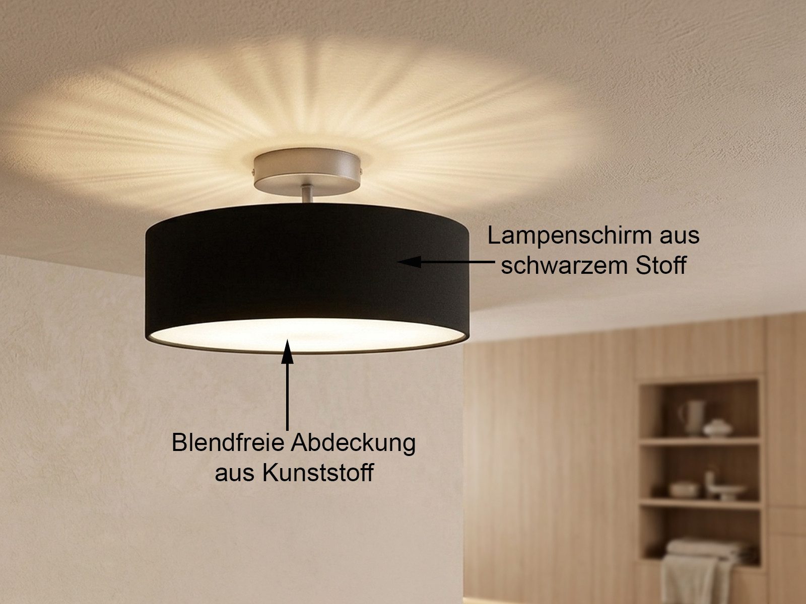 meineWunschleuchte Deckenleuchte mit Stoff Lampenschirm Schwarz Ø 30cm, ohne Leuchtmittel, kleine Stoff-Lampe, gemütliche Deckenlampe, E14 Schlafzimmerlampe