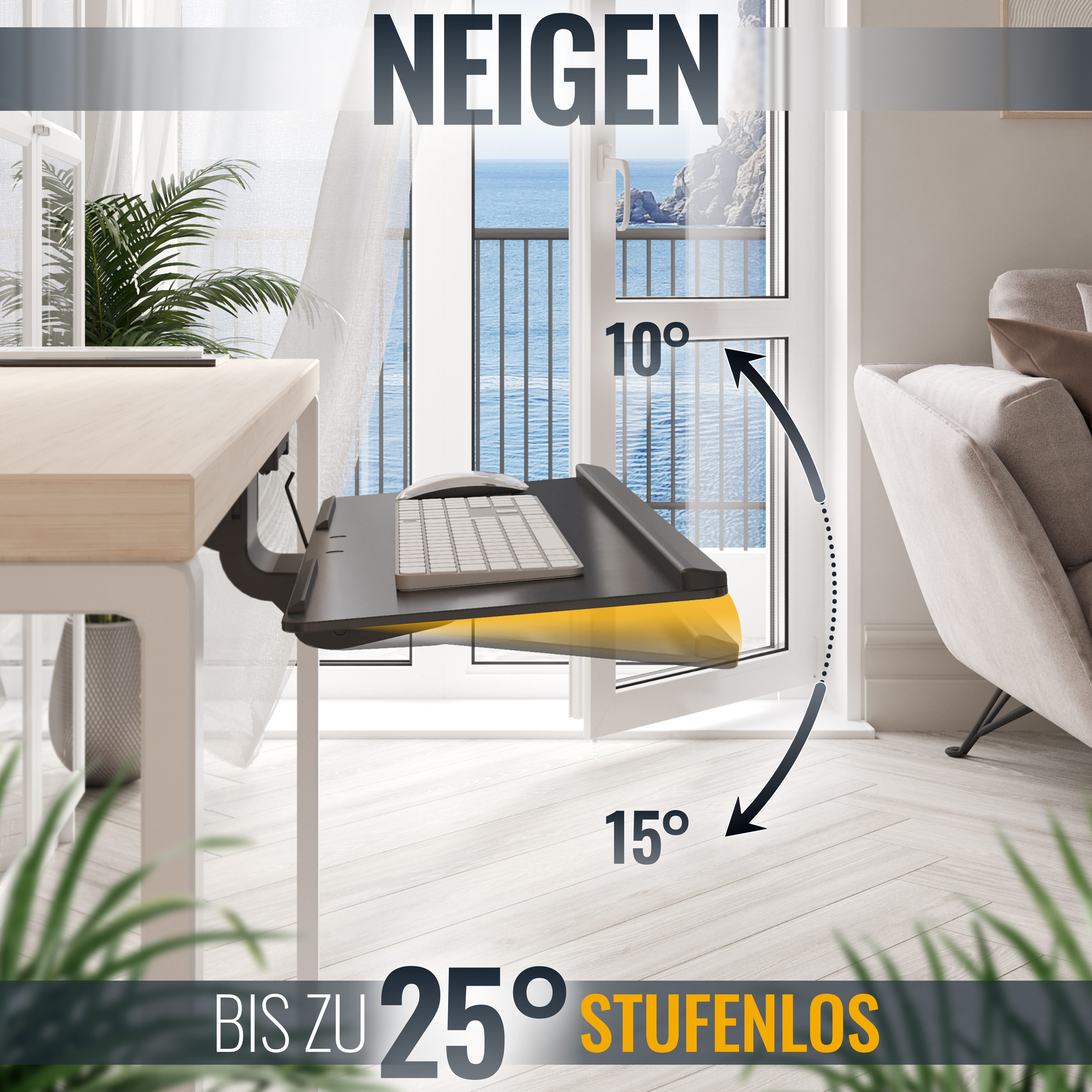 RICOO Halterung Tastatur Untertischhalterung neigbar schwenkbar CZ0300, (2 kg Belastbarkeit, max. 67 x 21,5 cm Tastaturgröße, 1-tlg., Nicht Höhenverstellbar: Höhe 145mm, Ablagefläche 670mm x 255mm, neigbar +15°/-10°, schwenkbar +/-180°, höhenverstellbar)