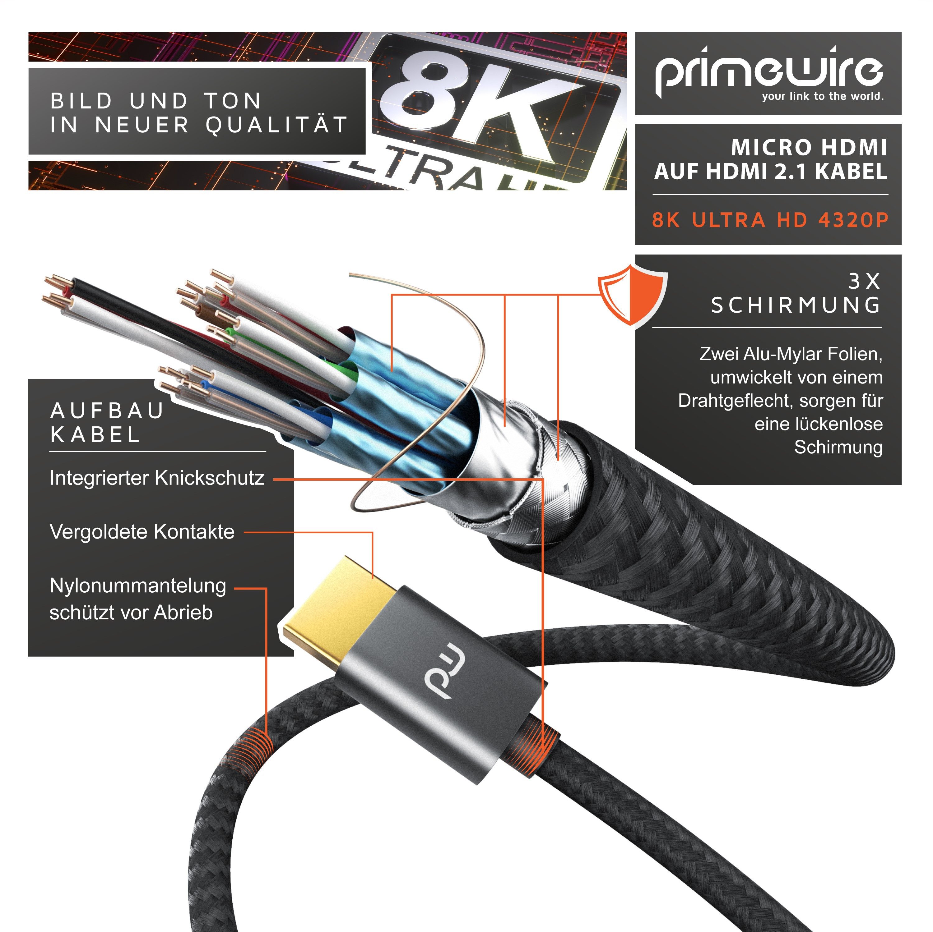 Primewire 8K HDMI auf microHDMI Adapterkabel 7680 x 4320 @ 120Hz mit DSC - 1,5m HDMI-Kabel, 2.1, HDMI Typ D (Micro), HDMI Typ A (150 cm), 3D, UHD II, HDR, ARC, für Raspberry Pi 4, Tablets, Kameras, Notebooks