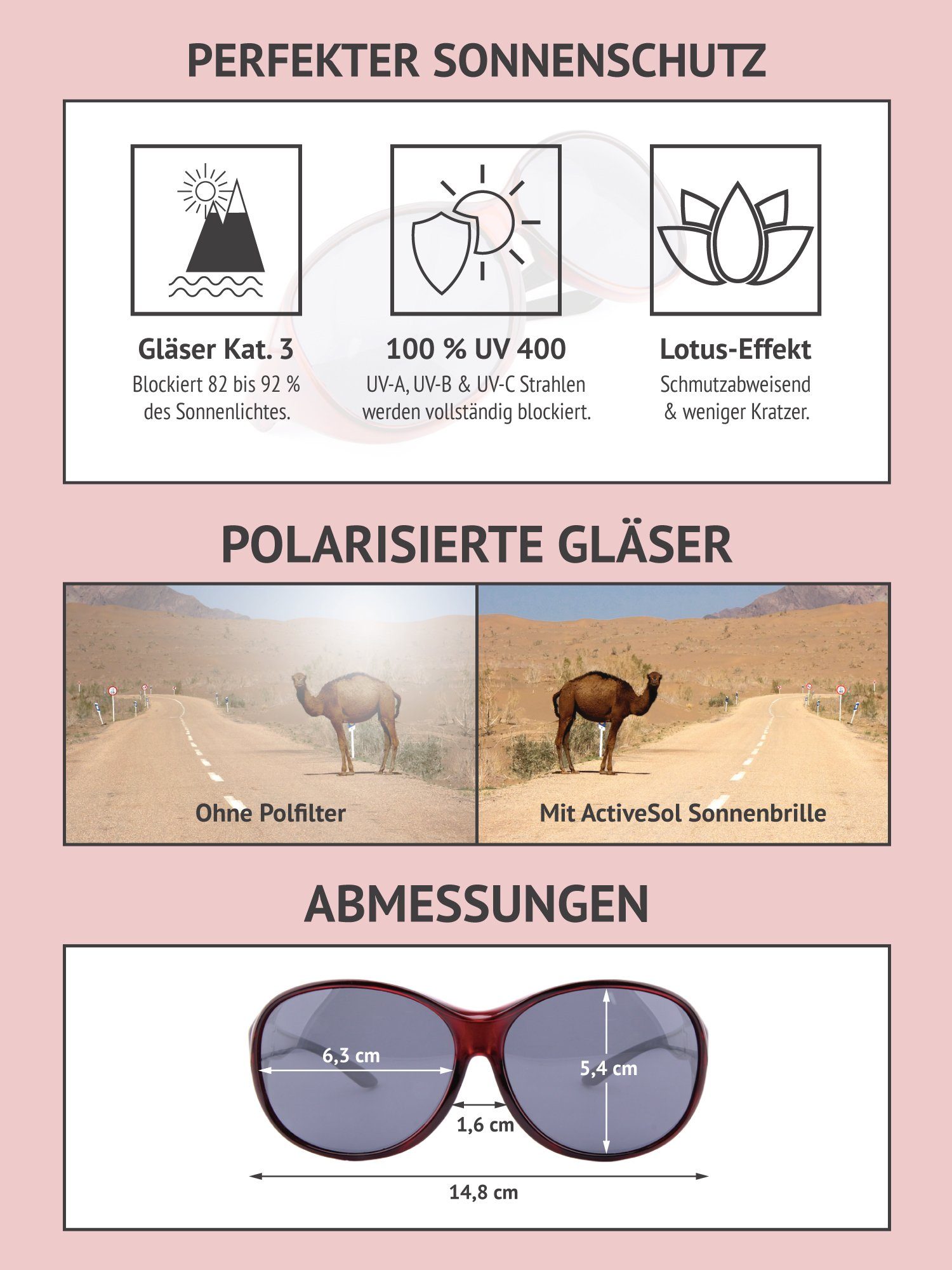 ActiveSol Sonnenbrille Überziehsonnenbrille Damen MEGA (inklusive Schiebebox und Brillenputztuch) Vintage Stil