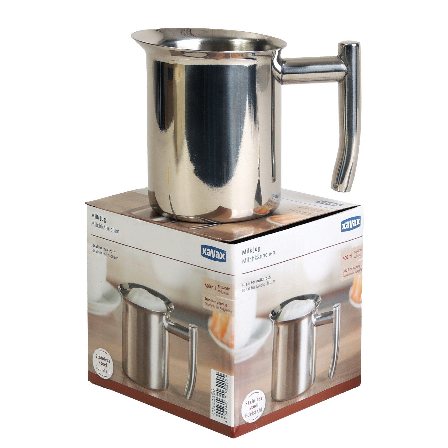 Xavax Kanne Milchkännchen Edelstahl 400ml Milchkanne, Kanne Aufschäumkännchen Barista Milchschaum Milch Gießer Silber