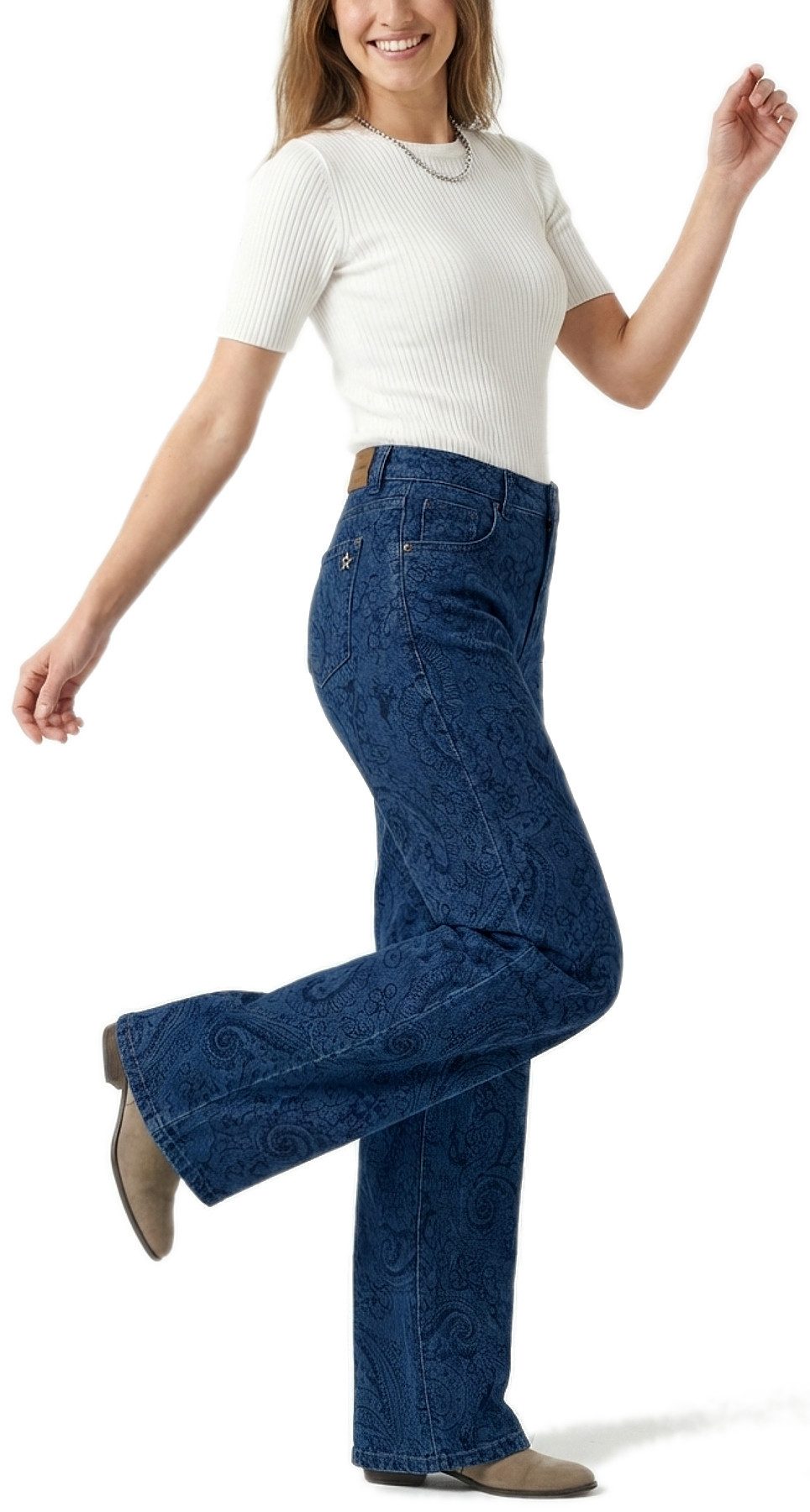 dy_mode Weite Jeans Damen Wide Leg Jeans mit Paisley-Muster 5-Pocket-Jeans mit weitem Bein All-Over-Paisley-Muster, Wide Leg