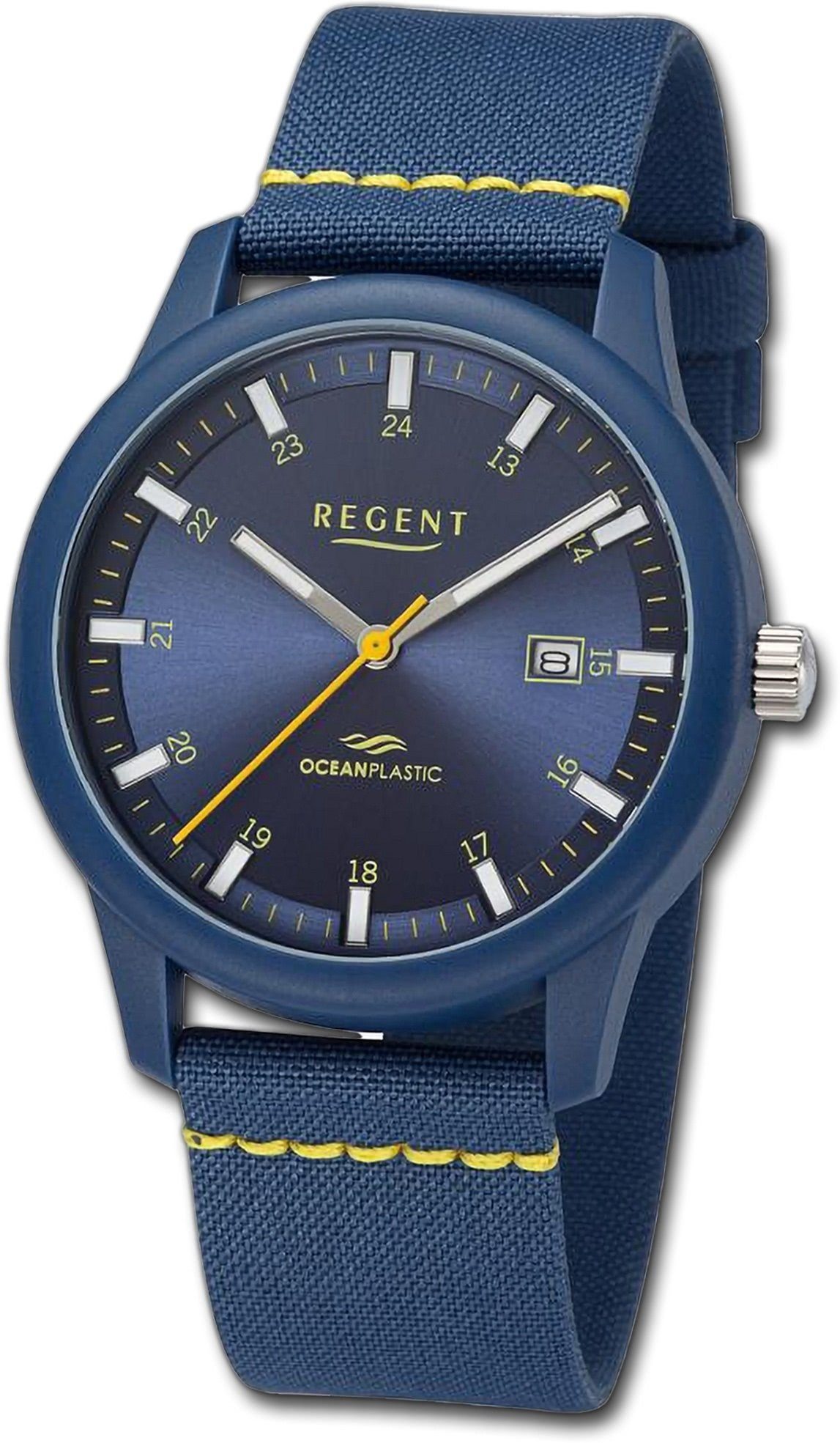Herrenuhr groß Herren Regent Armbanduhr rundes gelb, Gehäuse, dunkelblau, Regent Nylonarmband Quarzuhr (40mm) Analog,
