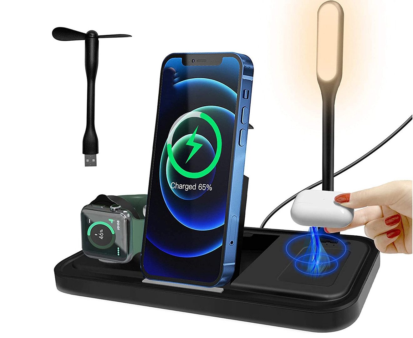 NEWQI Faltbare 3-in-1 Wireless Charging Station mit LED-Lampe und Ventilator Wireless Charger (2000,00 mA, Kompaktes 3-in-1 Set: Wireless Charger, USB-C Kabel, Bedienungsanleitung, 3-in-1 Wireless Charging Station, USB-C Kabel, Bedienungsanleitung, Wirele