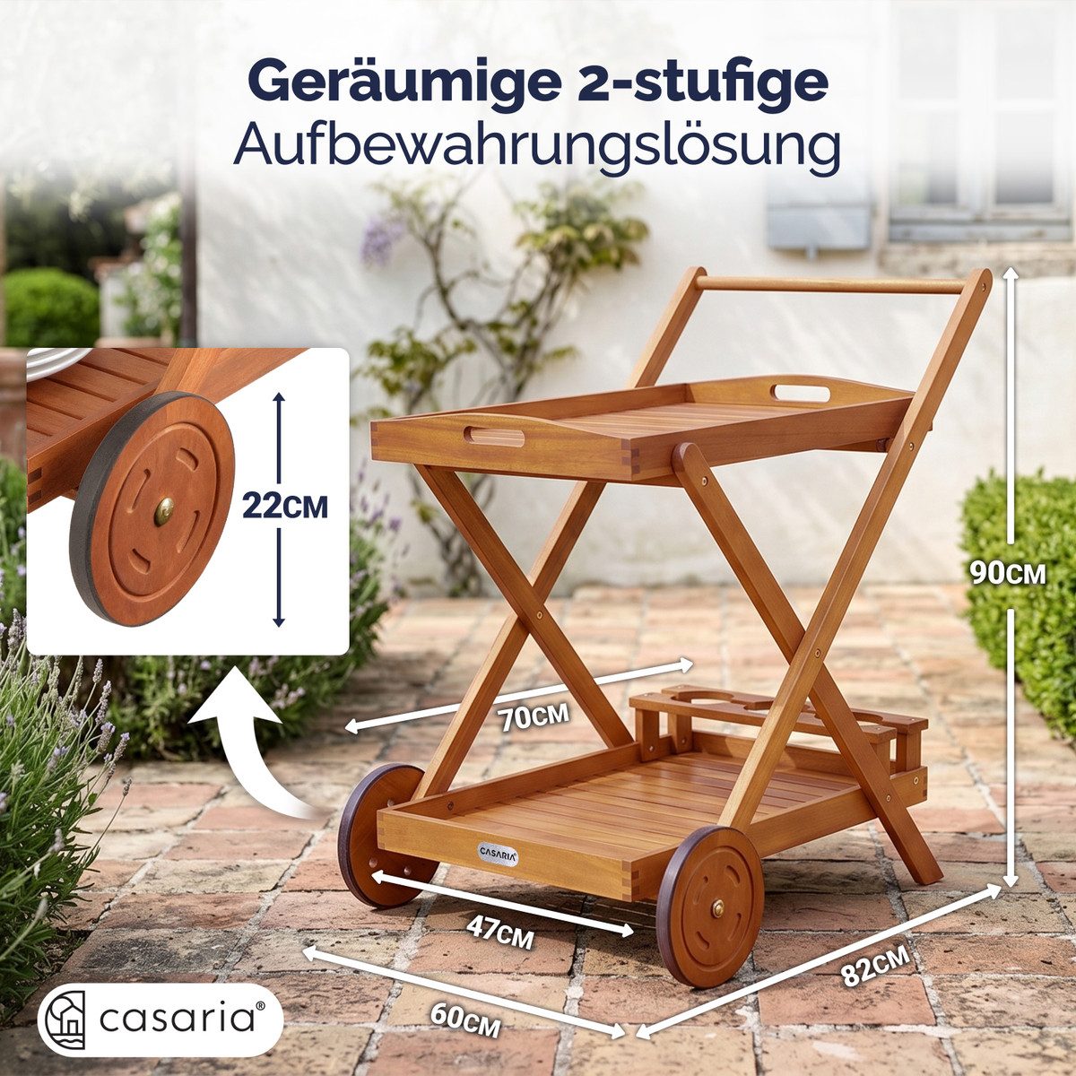 Casaria Beistellwagen Akazie, (1 St), mit Rollen FSC®- zertifiziertes Akazien Holz 2 Ebenen Tablett